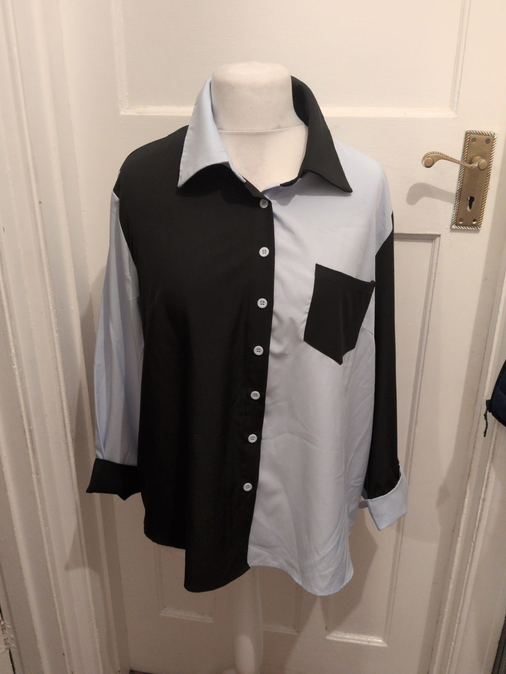 Shein XL Black And White Long Sleeve Button Collared Blouse