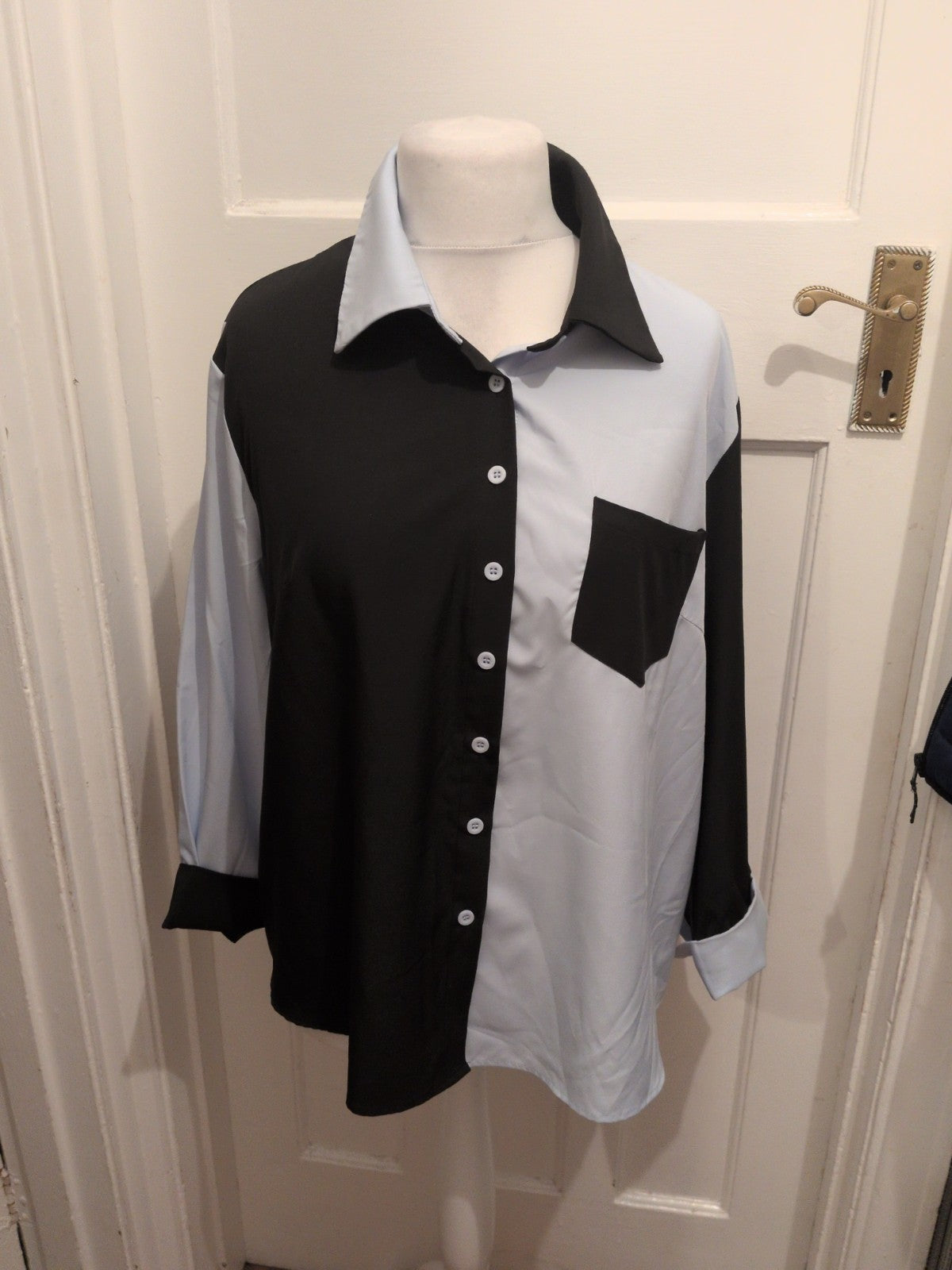 Shein XL Black And White Long Sleeve Button Collared Blouse