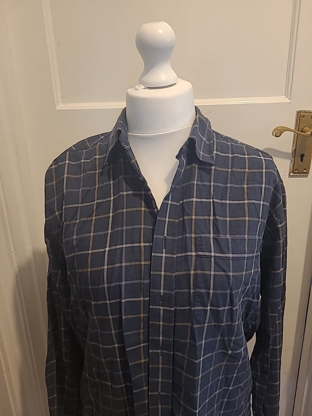 Mens Marks And Spencer Size 15.5" Cotton Twill Navy Check Long Sleeved Shirt
