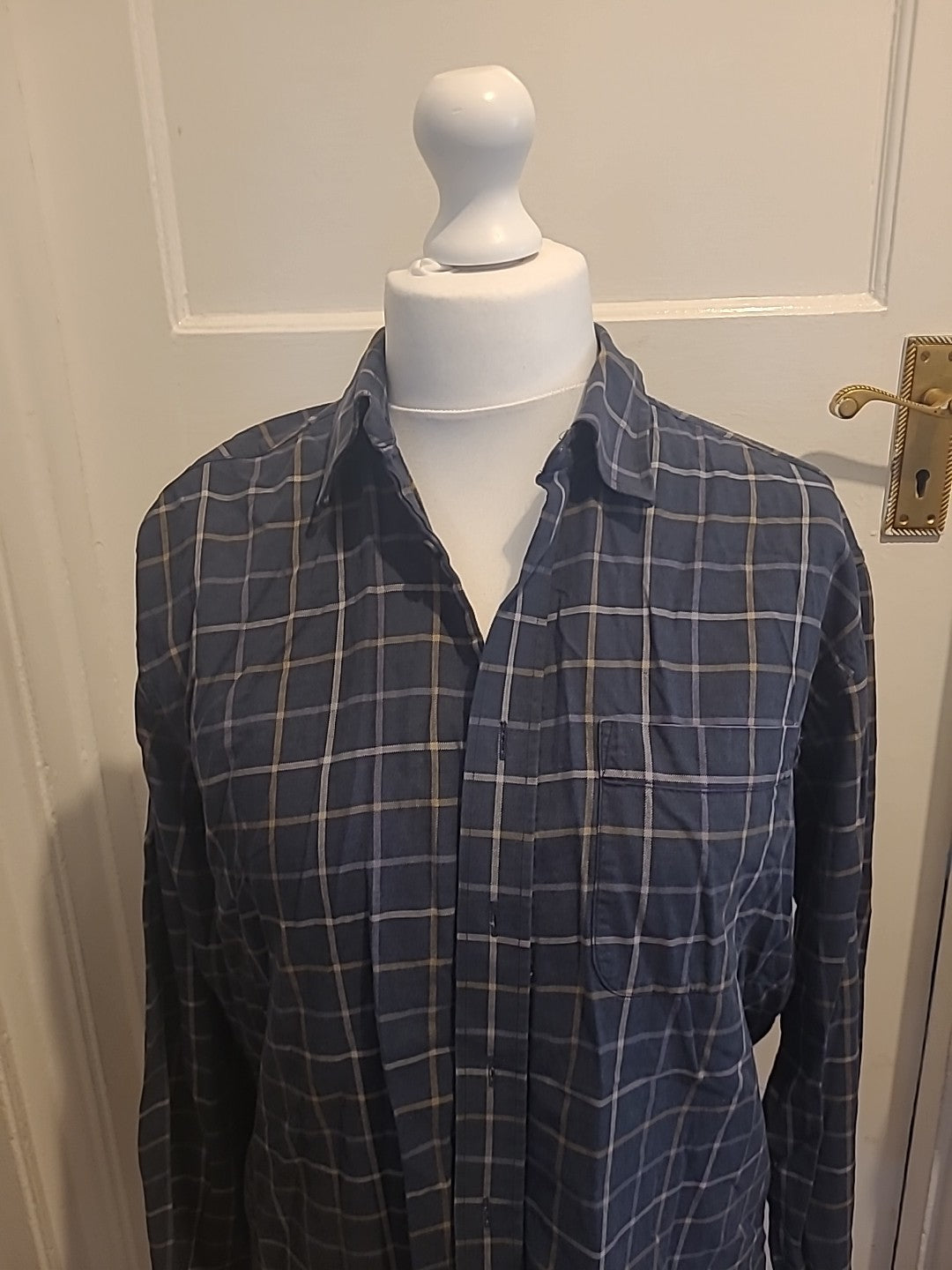 Mens Marks And Spencer Size 15.5" Cotton Twill Navy Check Long Sleeved Shirt