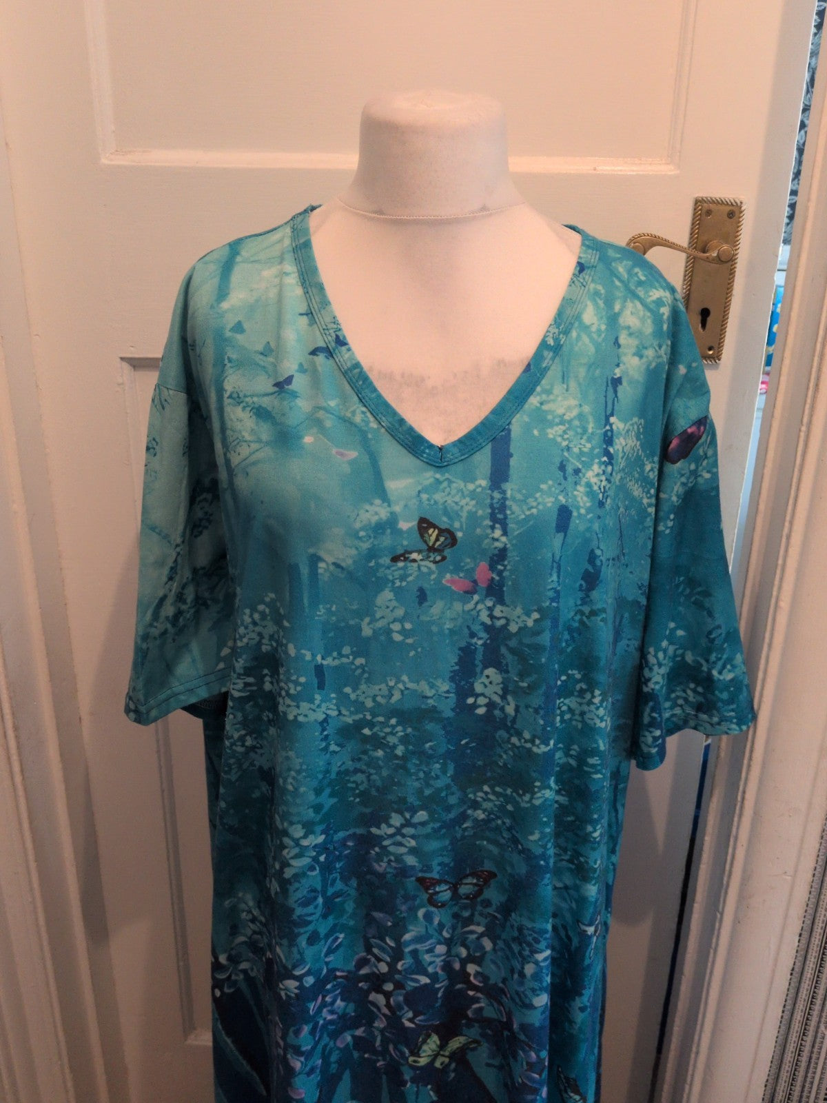 Ladies 7XL Turquoise Floral Short Sleeve Dress Midi