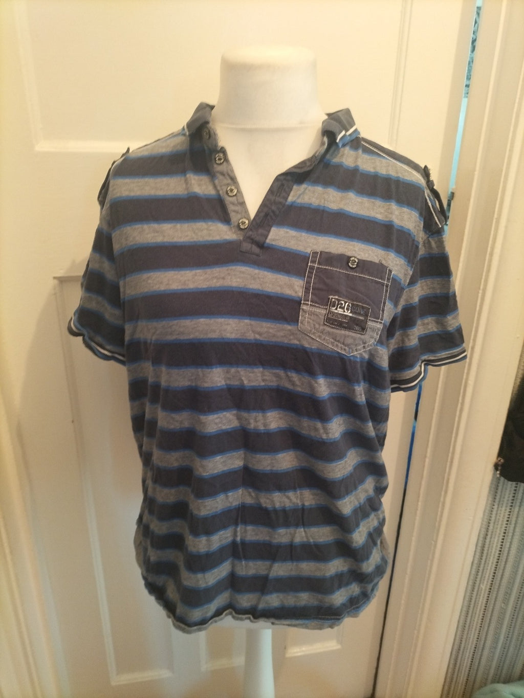 Mens D26 Core Size XL Navy Grey Striped Polo Short Sleeve