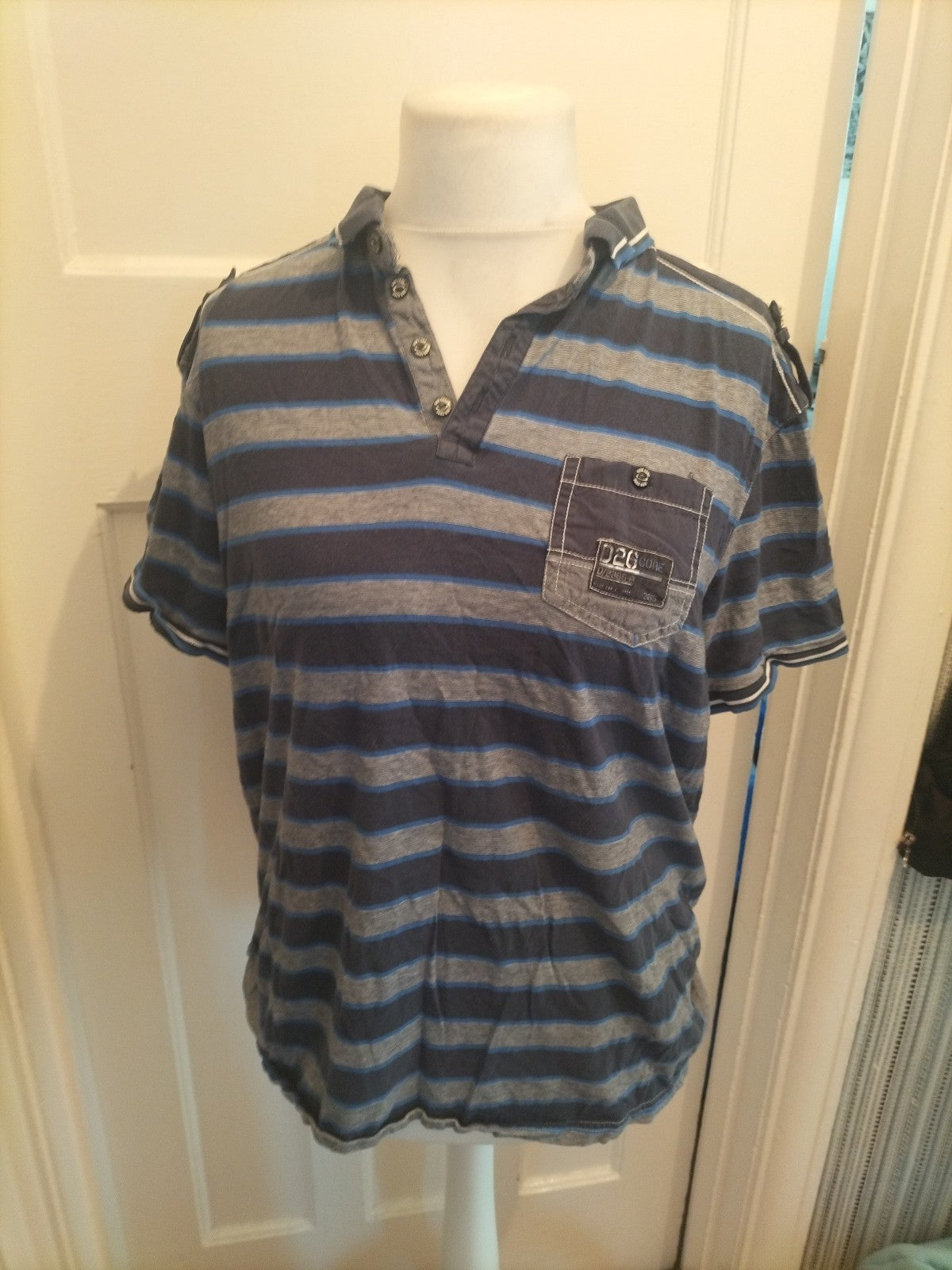 Mens D26 Core Size XL Navy Grey Striped Polo Short Sleeve