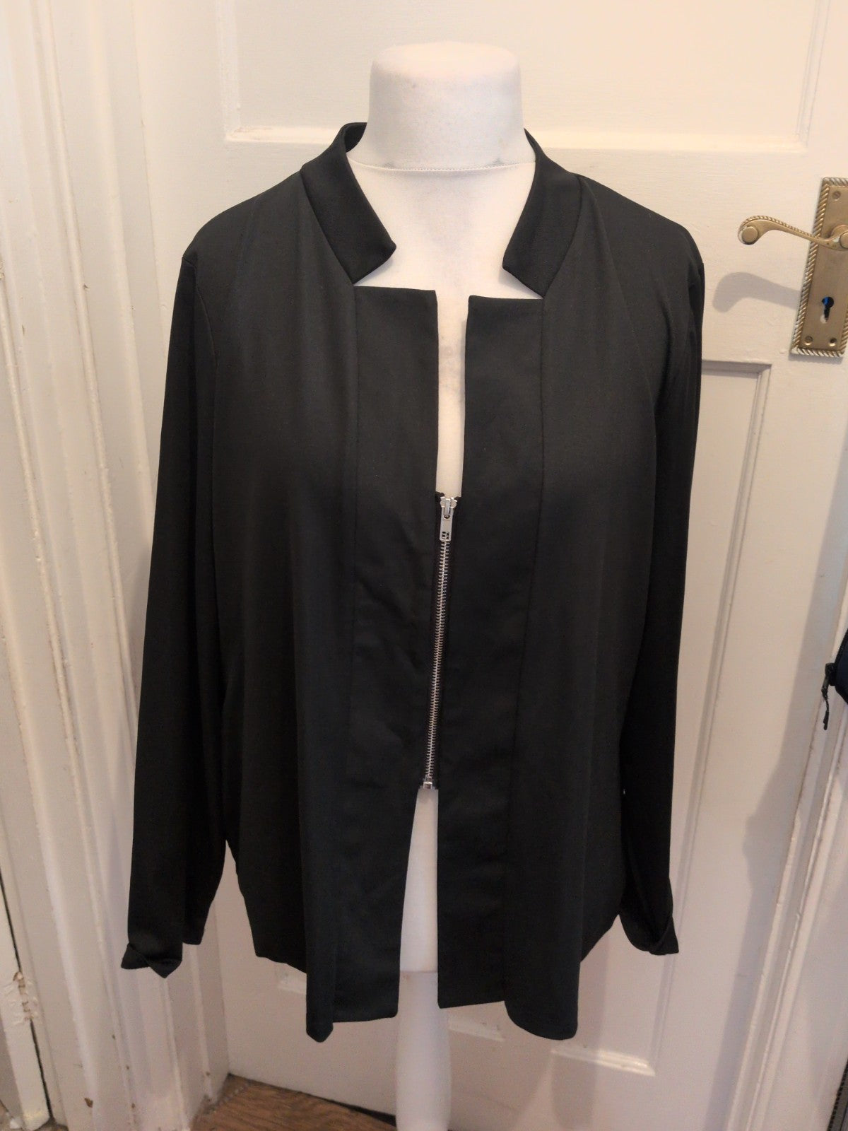 Black Large V Neck Zipped Long Sleeve Blouse