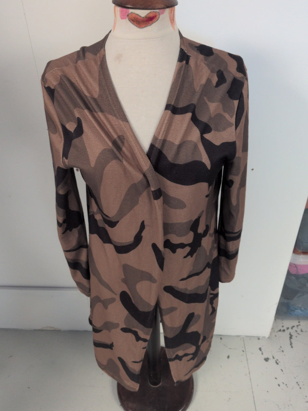 Medium Brown And Beige Camo Pattern Long Sleeved Cardigan