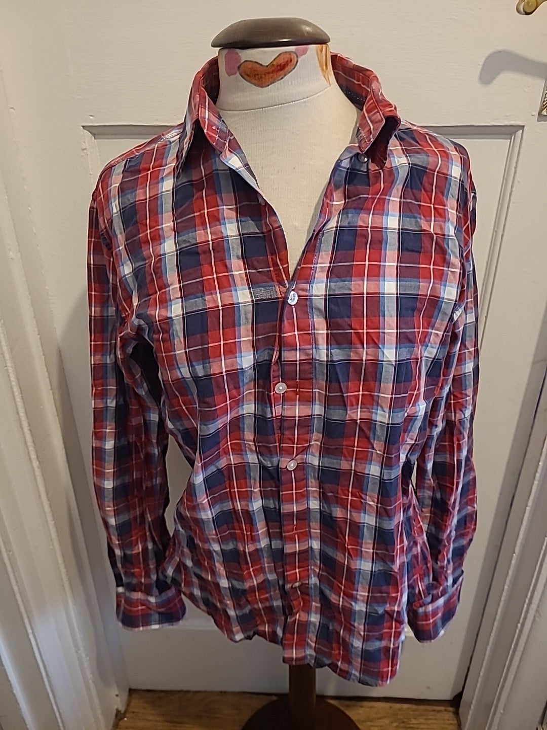 Mens Jack & Jones Size Small Red Navy Check Long Sleeve Shirt