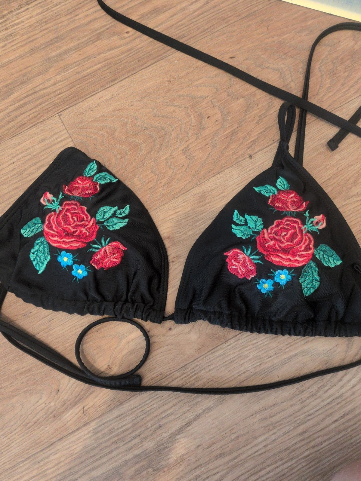 XL Black And Red Floral Padded Bikini Bra