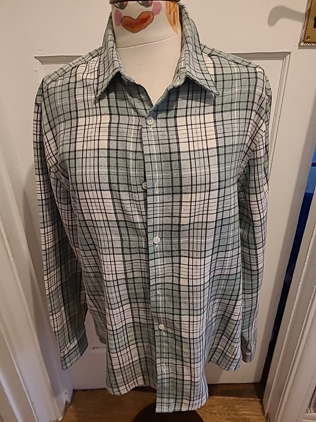 Mens Easy Size Medium Mint Green Check Long Sleeved Shirt