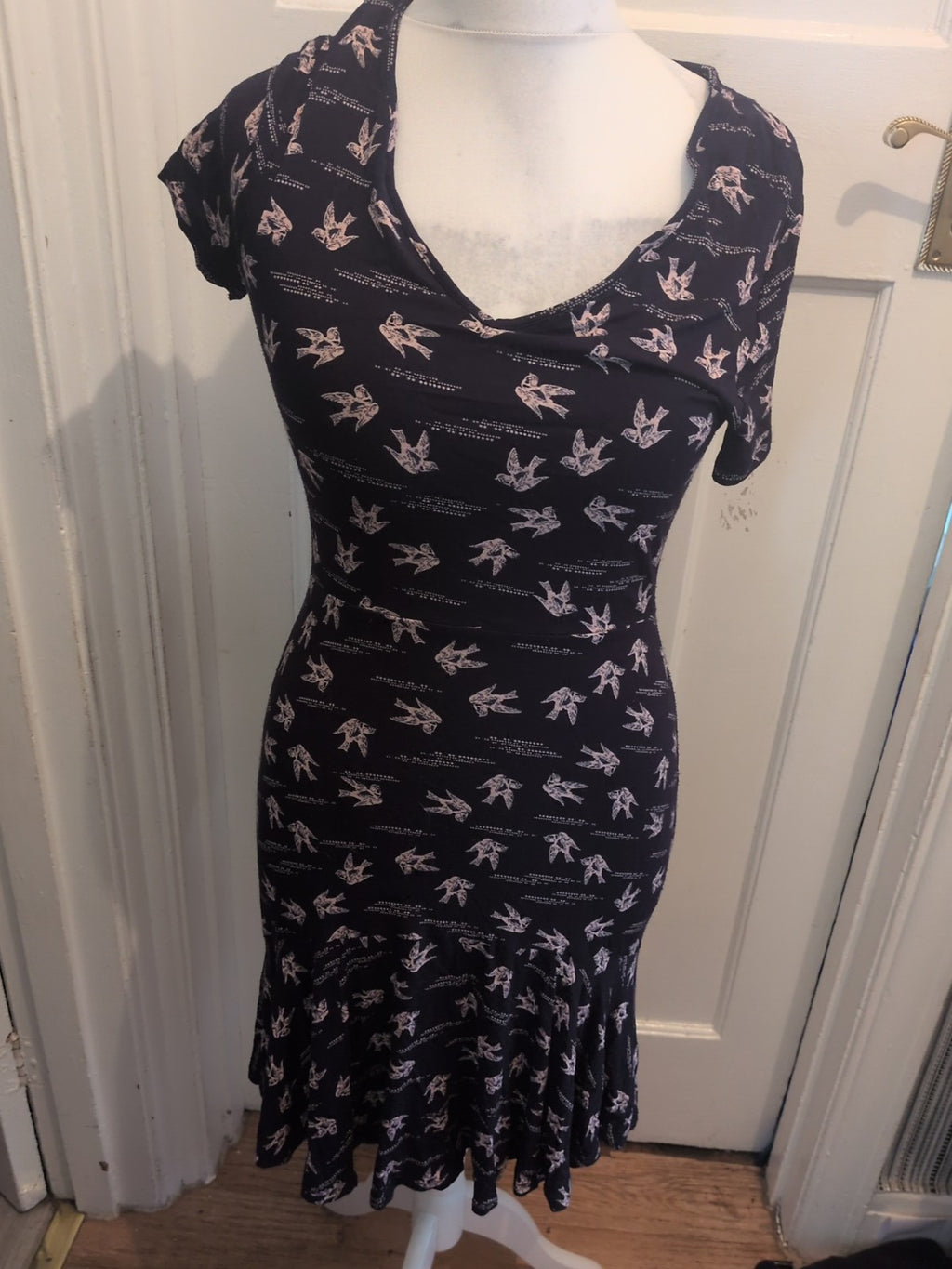 Next 12 Navy With Pink Birds Short Sleeve Dress