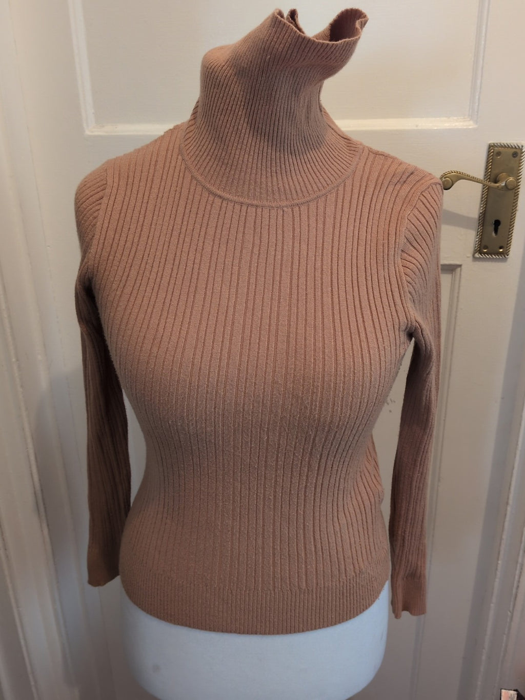 Ladies Size Medium Camel Ribbed Roll Neck Top