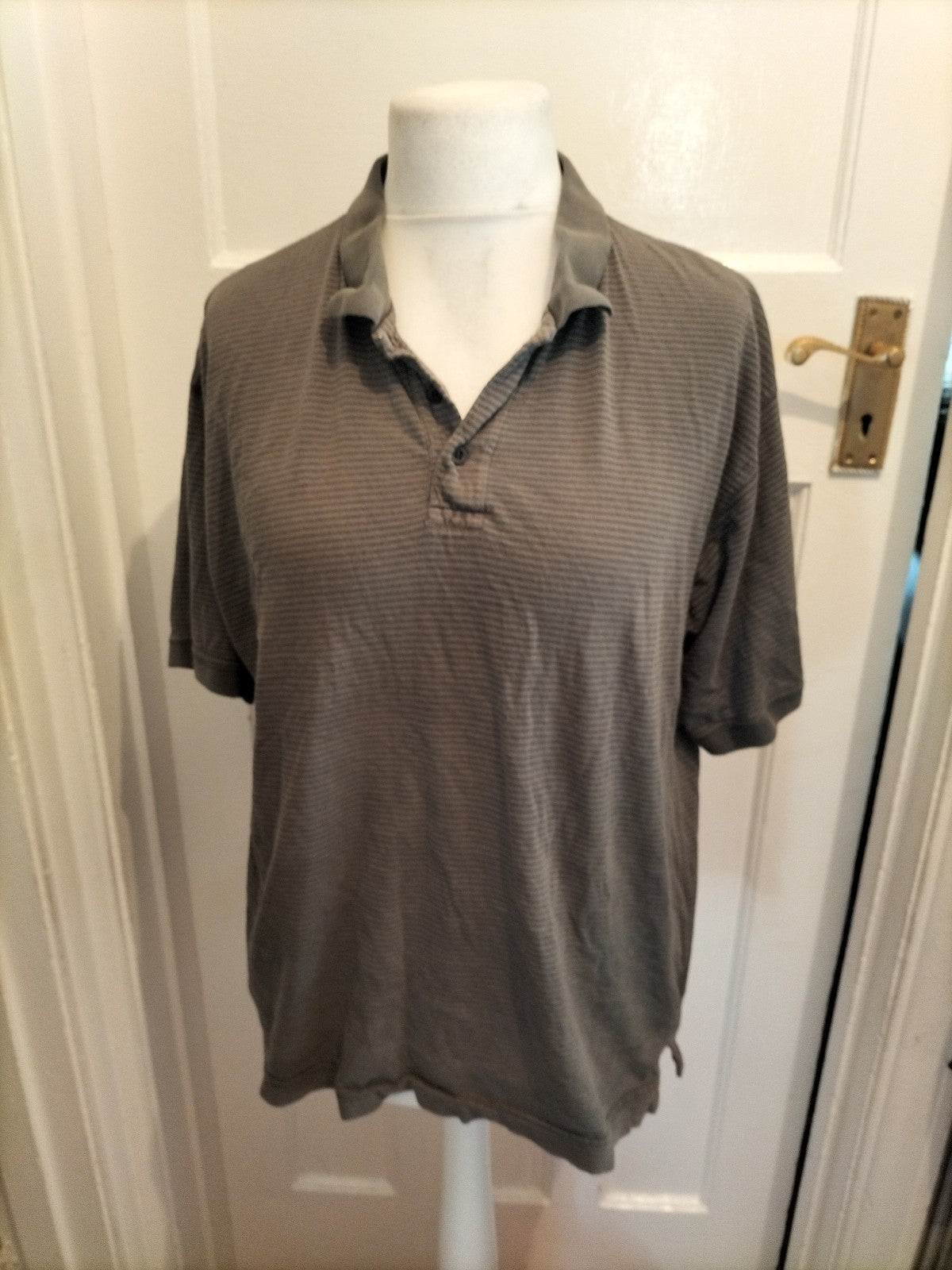 Mens Cedarwood State Size Large Grey And Navy Striped Short Sleeved Polo