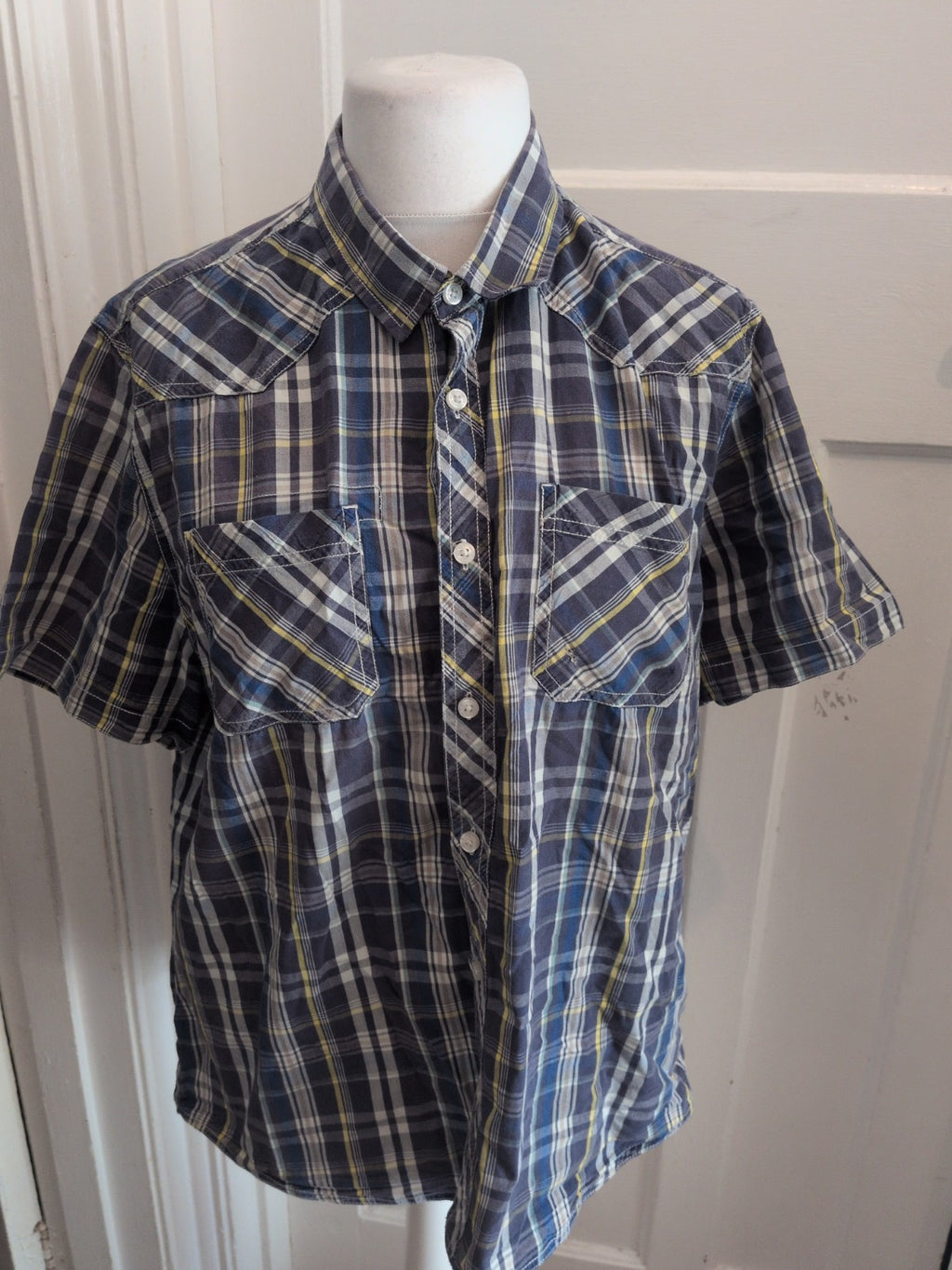 Easy XL Navy Yellow White Check Shirt Sleeve Casual Shirt