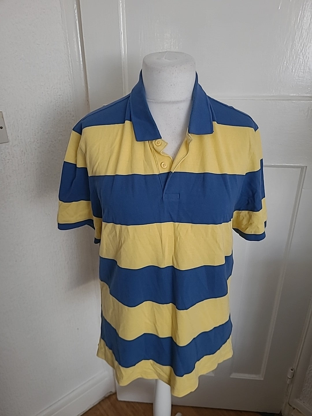 Mens M&S Size L Reg Yellow And Blue Striped Short Sleeved Polo