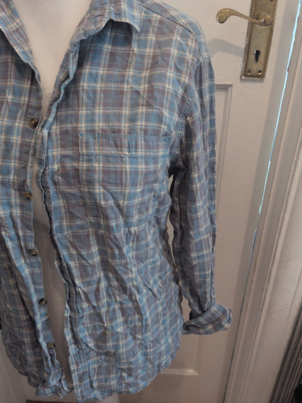 Tu Pure Cotton Medium Blue Check Long Sleeve Shirt