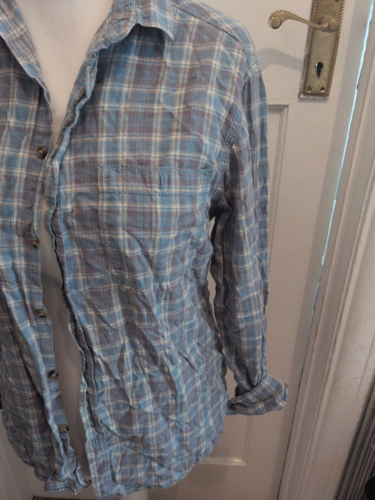 Tu Pure Cotton Medium Blue Check Long Sleeve Shirt