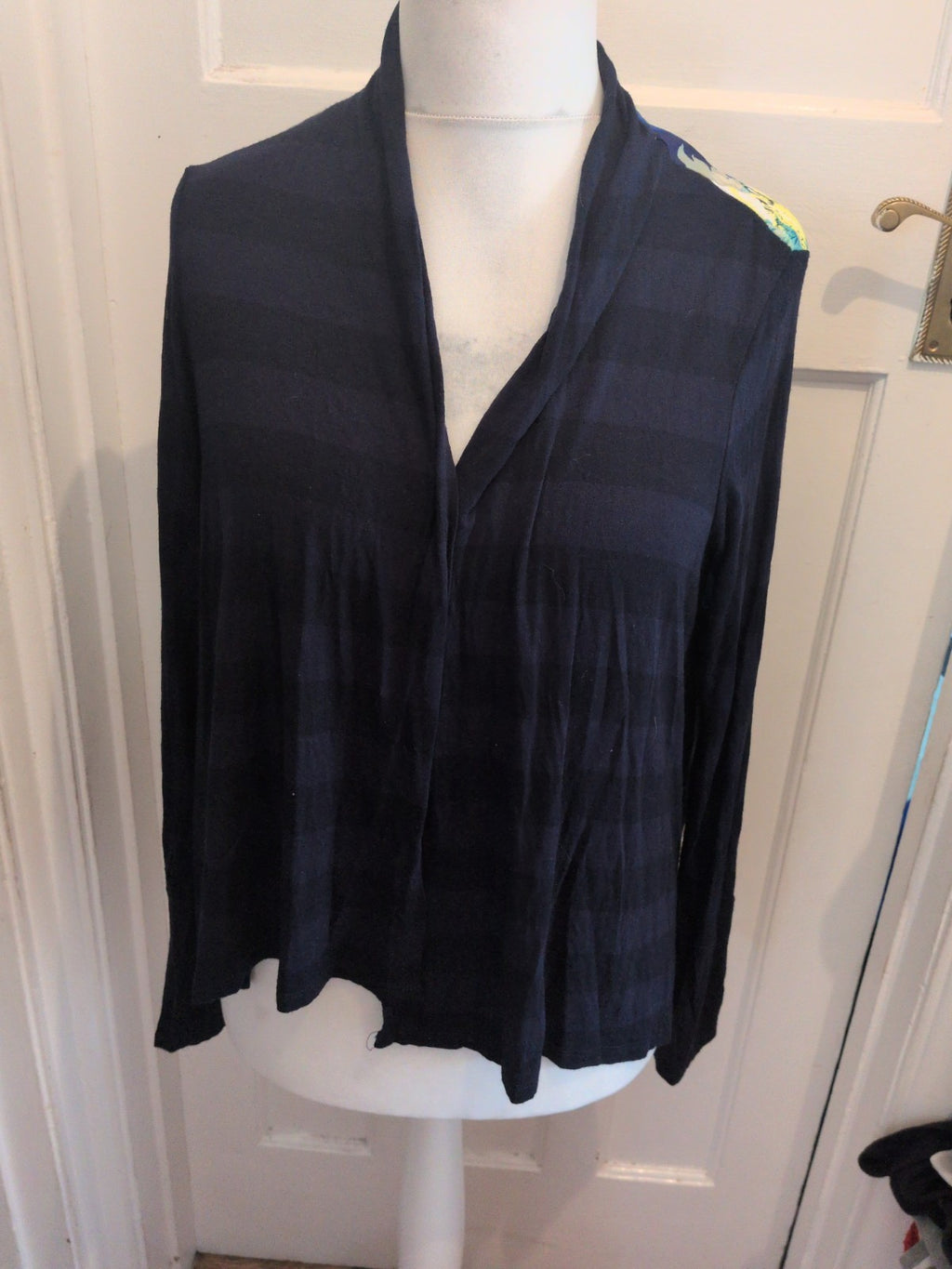 Per Una 14 Navy With Multicoloured Back Long Sleeve Blouse Open