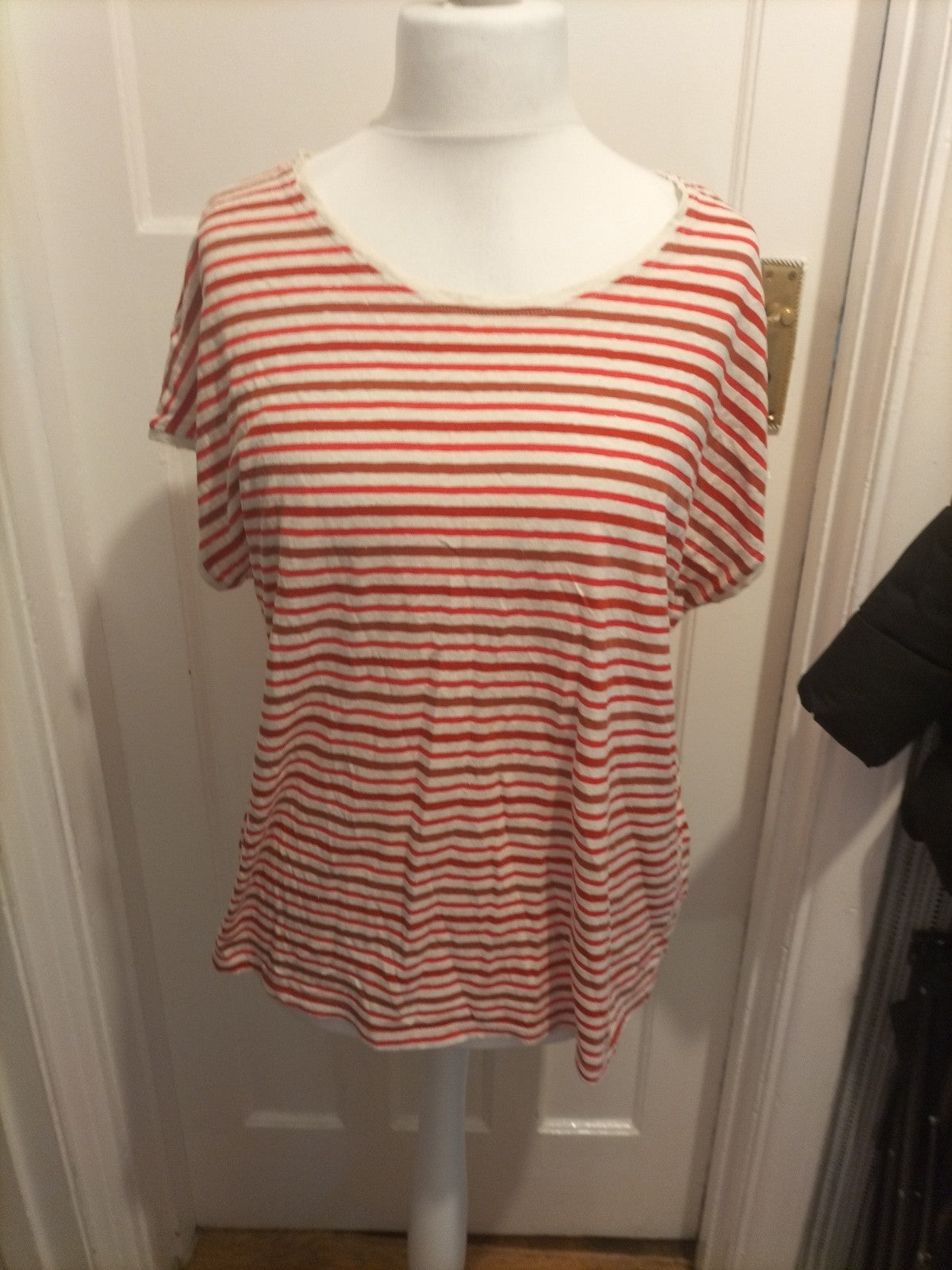 Ladies Next Size 16 Red Pink And White Striped Shrot Sleeved Blouse