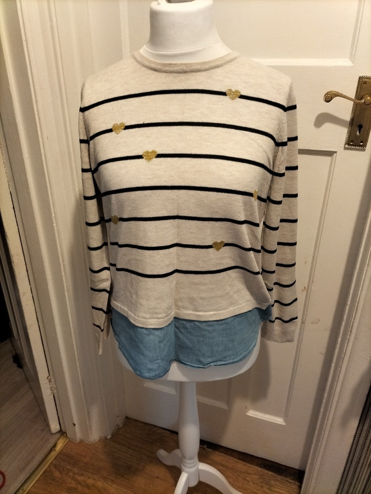 Ladies George Size 10 Black Striped With Blue Hem Long Sleeved Pullover Jumper