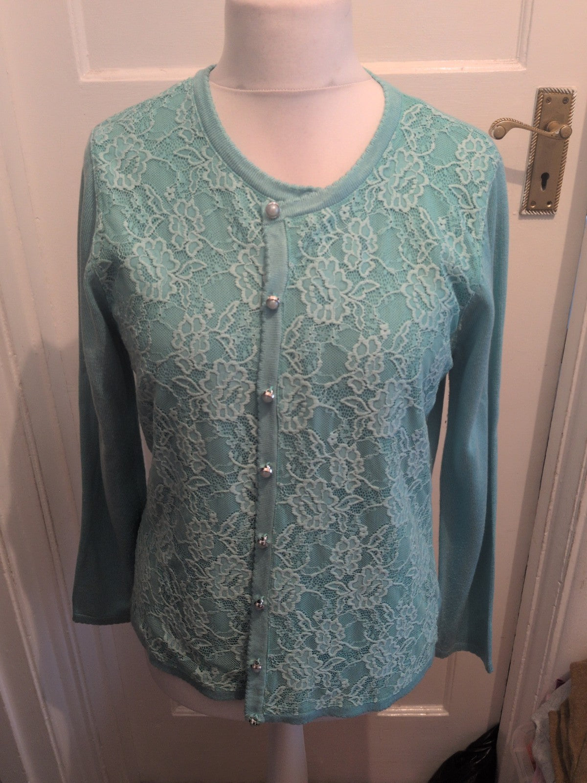 BM Collection Medium Aqua Lace Pattern Cardigan