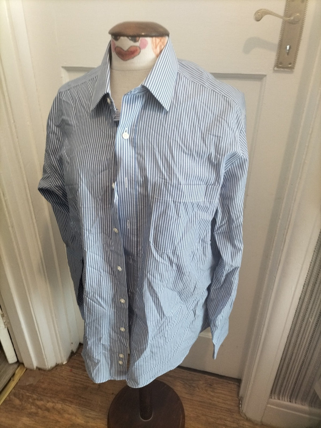 Mens Marks And Spencer Size 16" Blue White Striped Long Sleeved Cotton Rich...