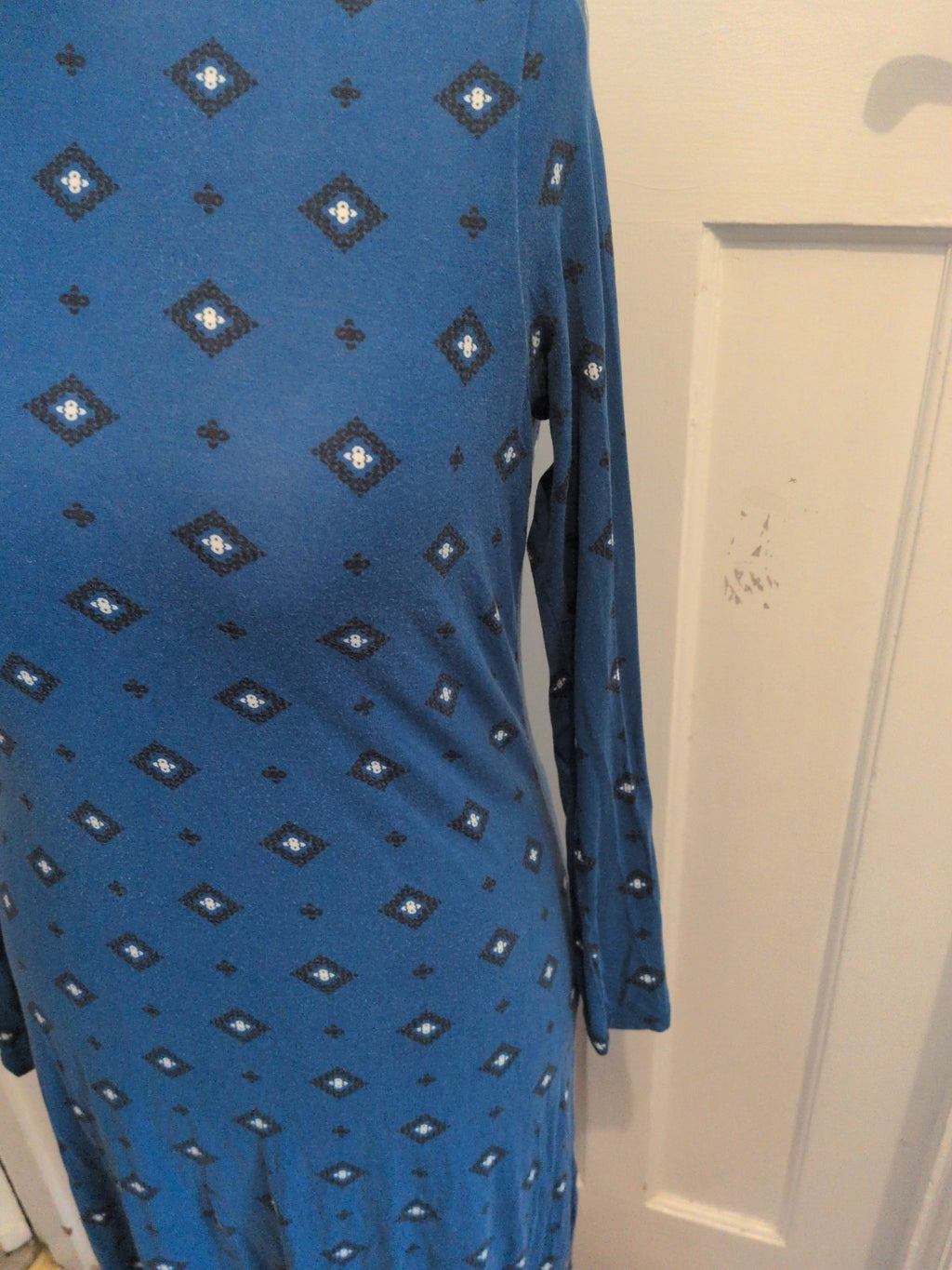 Marks And Spencer 10 Deep Blue White And Black Long Sleeve Dress Midi