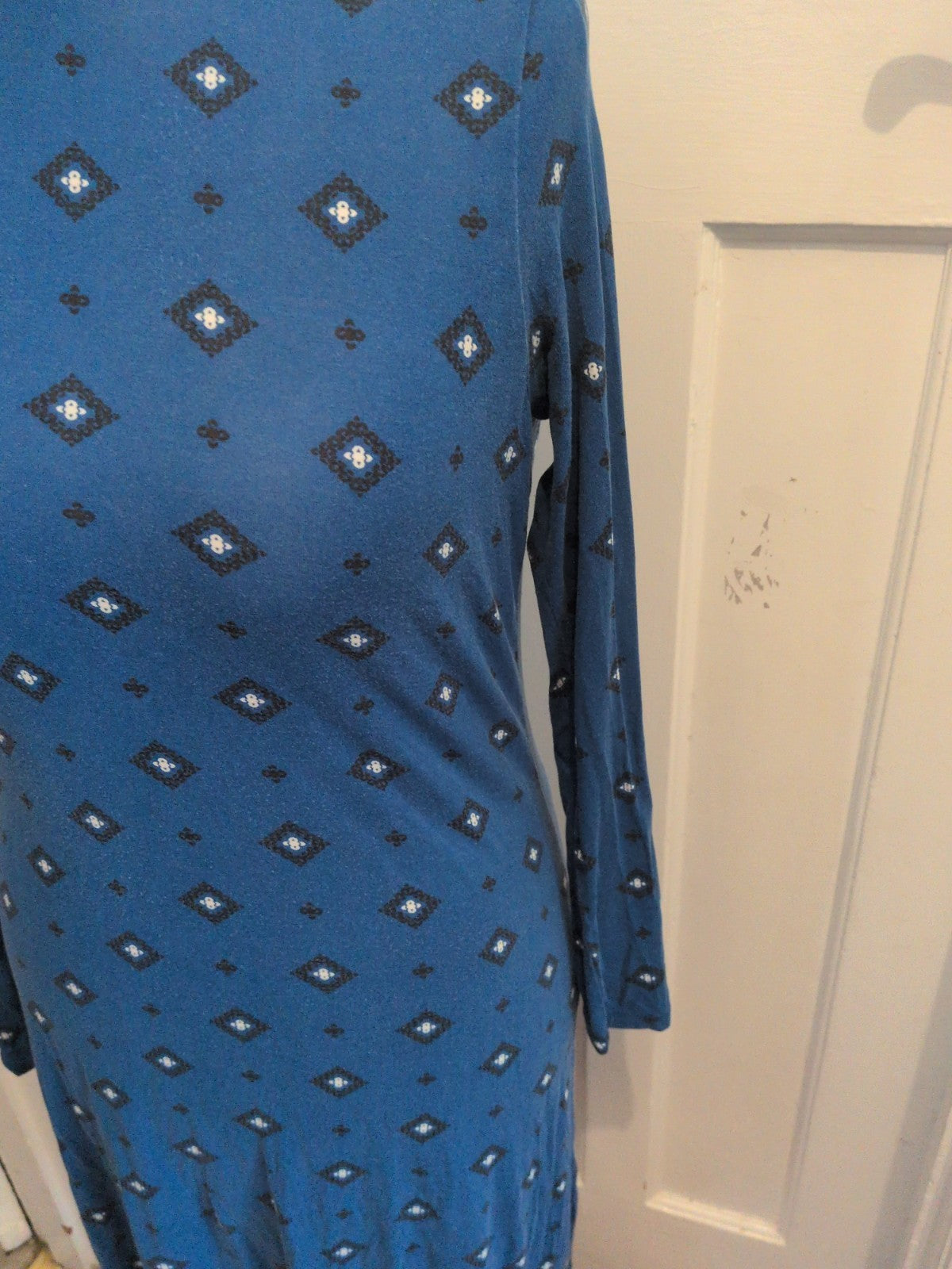 Marks And Spencer 10 Deep Blue White And Black Long Sleeve Dress Midi