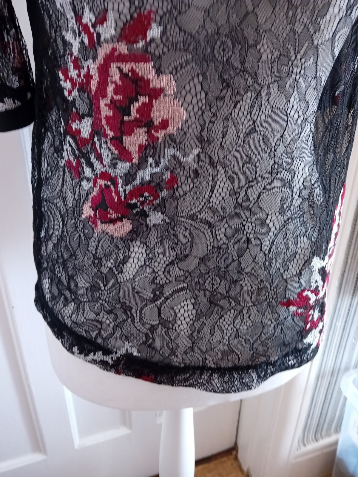 Ladies Next Size 12 Black Floral Lace Sea Through Short Sleeve Blouse Zip At...