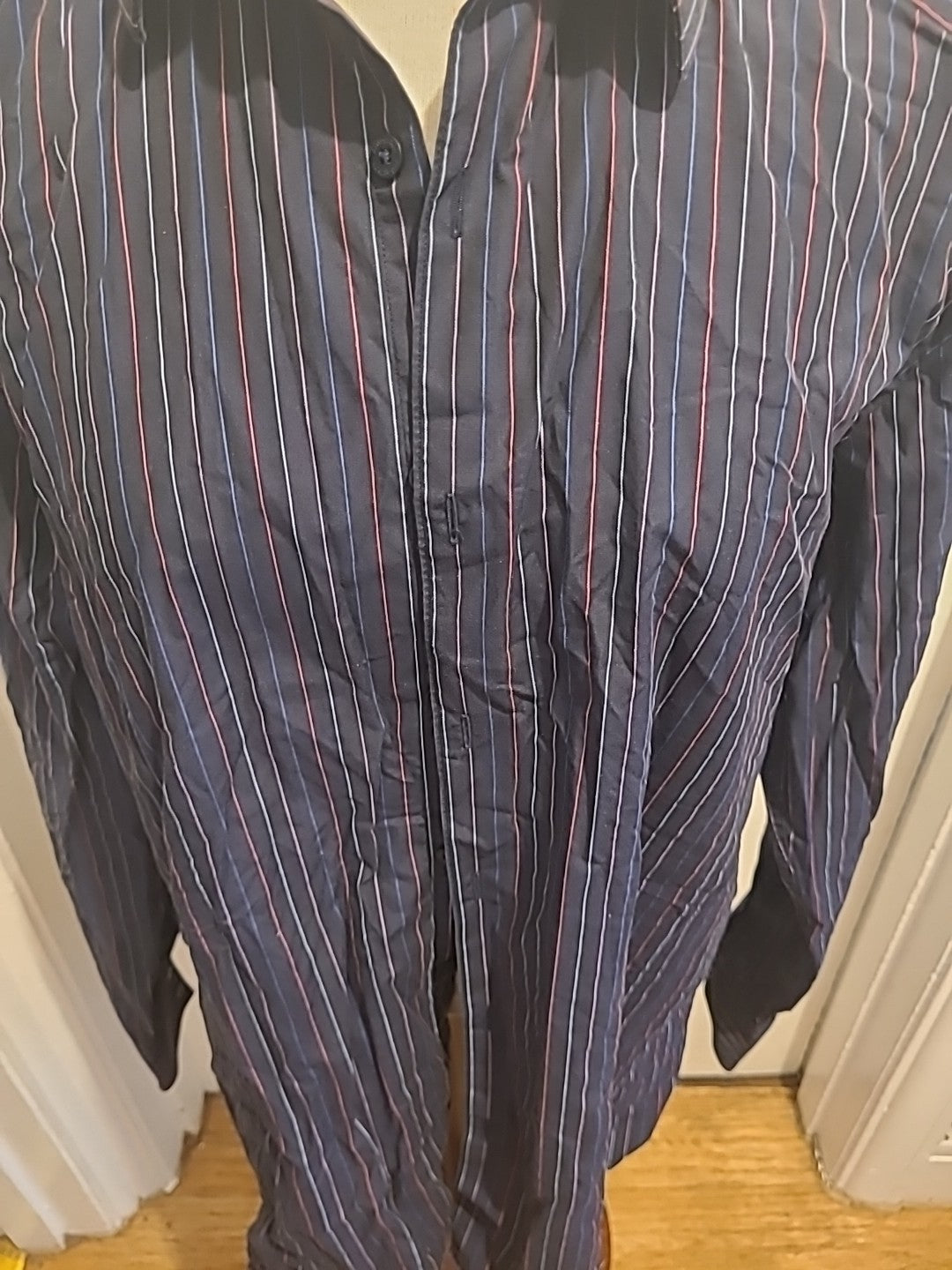 Mens Marks And Spencer 16.5" Pure Cotton Long Sleeve Black Blue And Red Striped