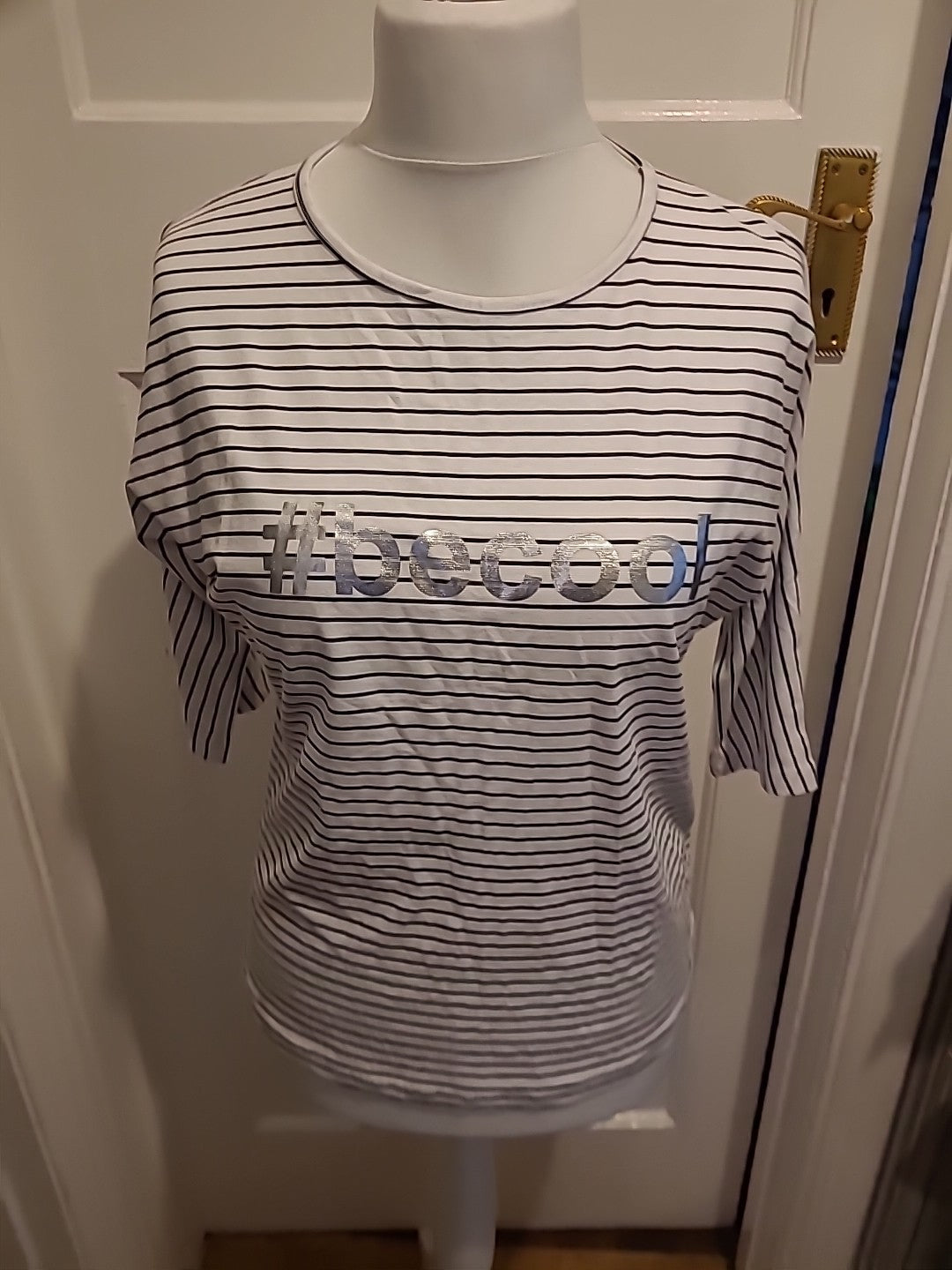Ladies Simal Size Large White Striped Half Sleeved Tshirt