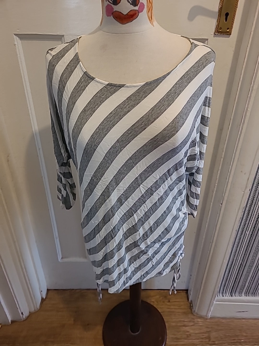 Ladies Large Grey And White Striped Mid Sleeved Blouse