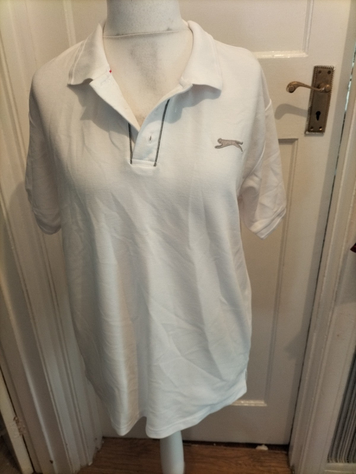 Mens Slazenger Size L White With Grey Logo Short Sleeved Polo