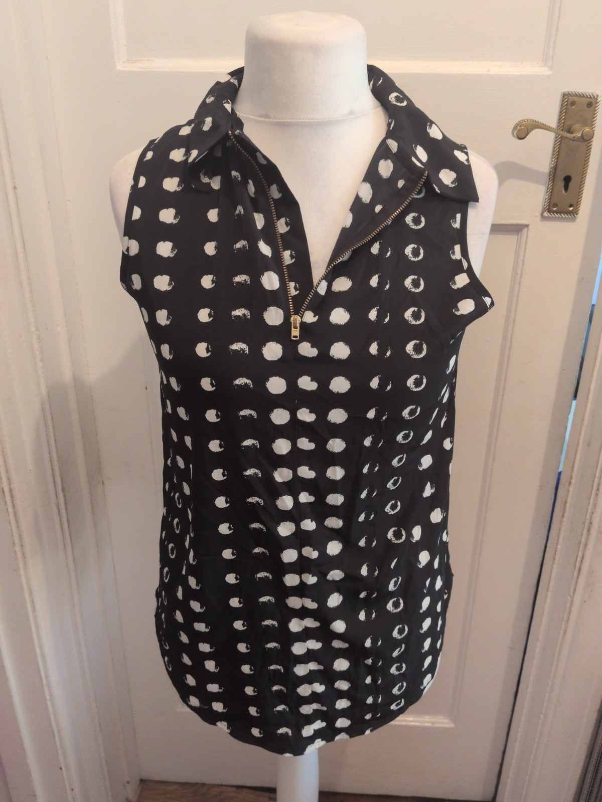 Ladies Next Size 12 Navy With Speckled Spots Collared Sleeveless Blouse