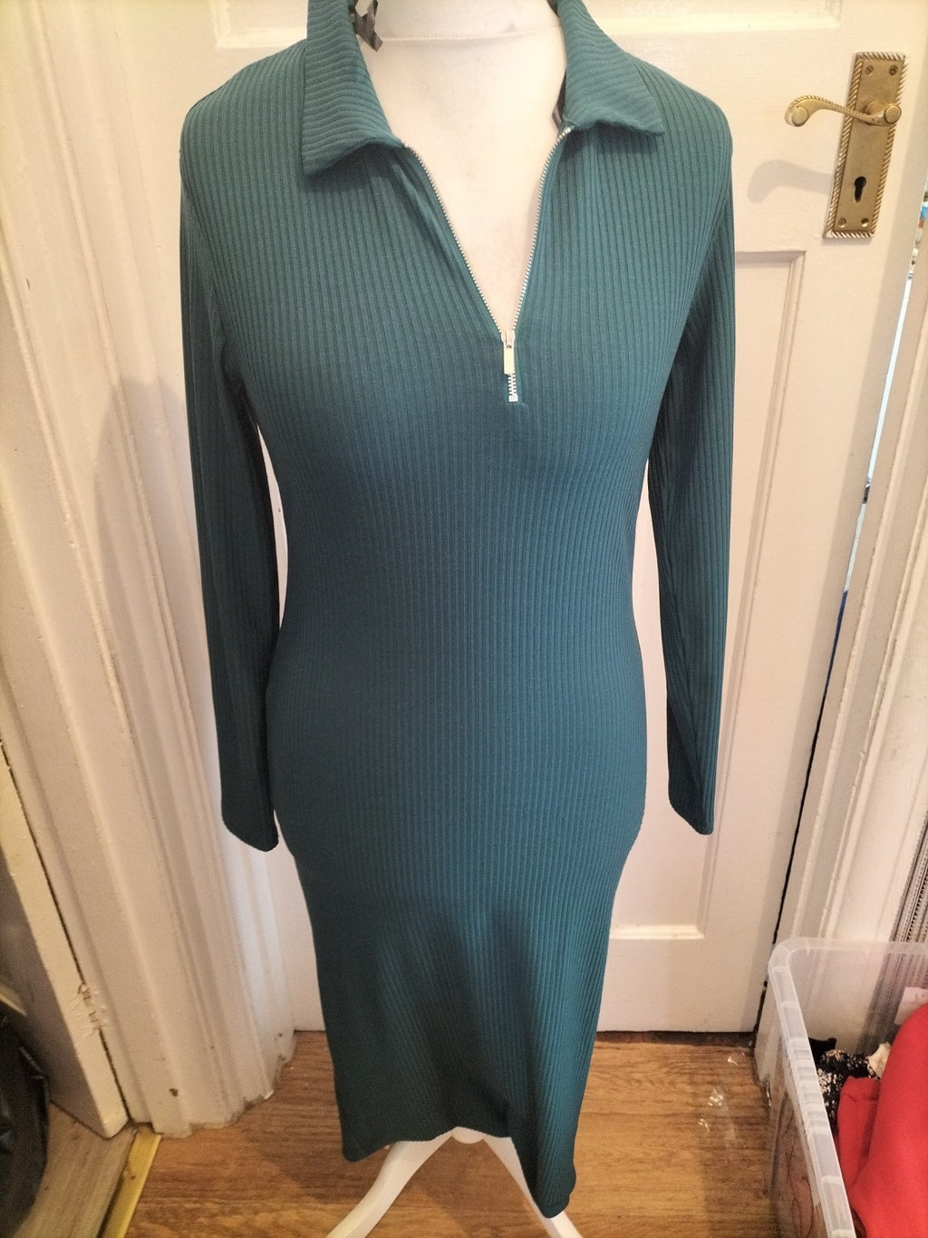 Primark Medium Teal Rib Long Sleeve Collared Dress