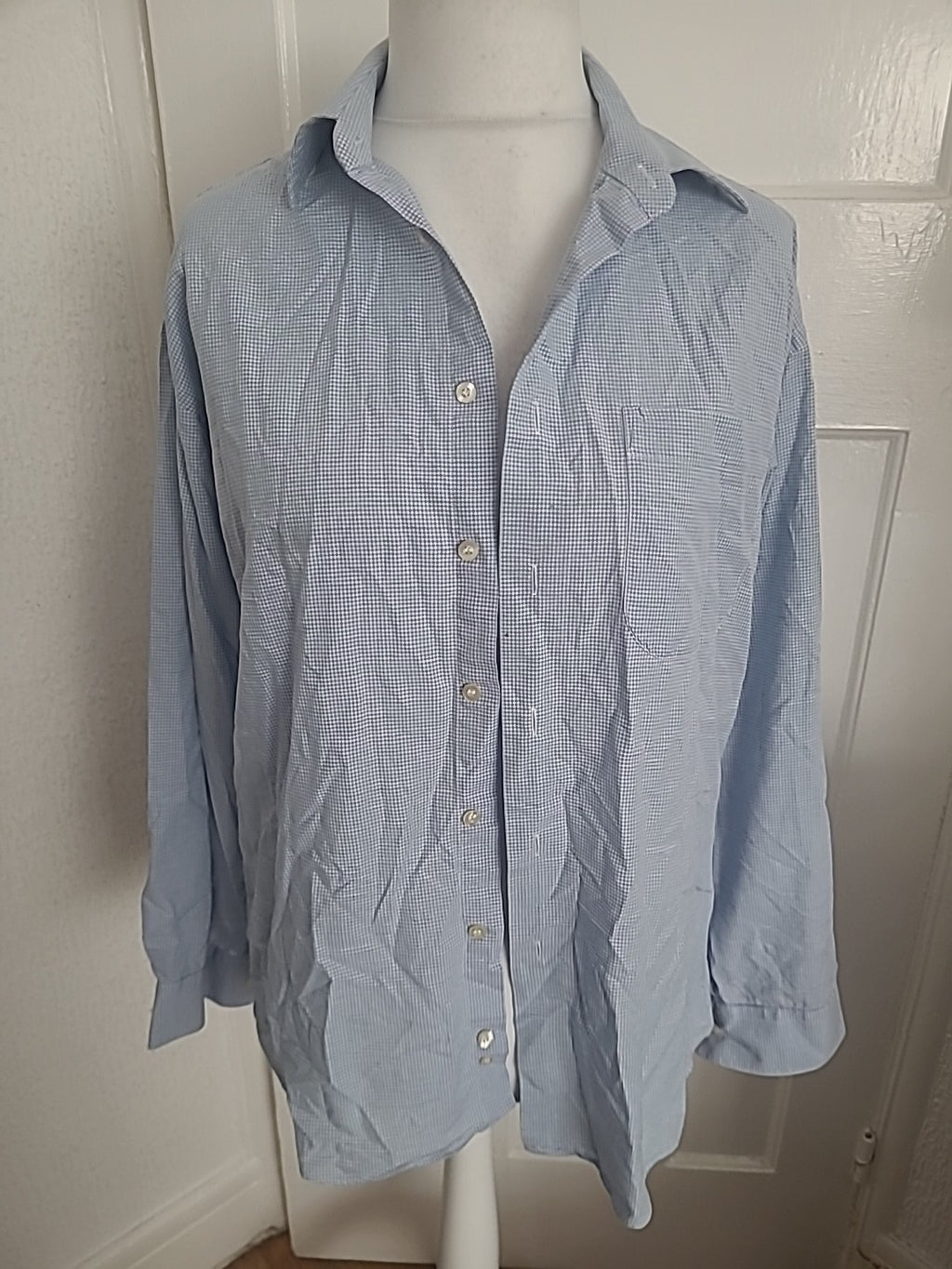 Men Marks And Spencer Size 15 1/2 Blue And White Check Long Sleeved Shirt