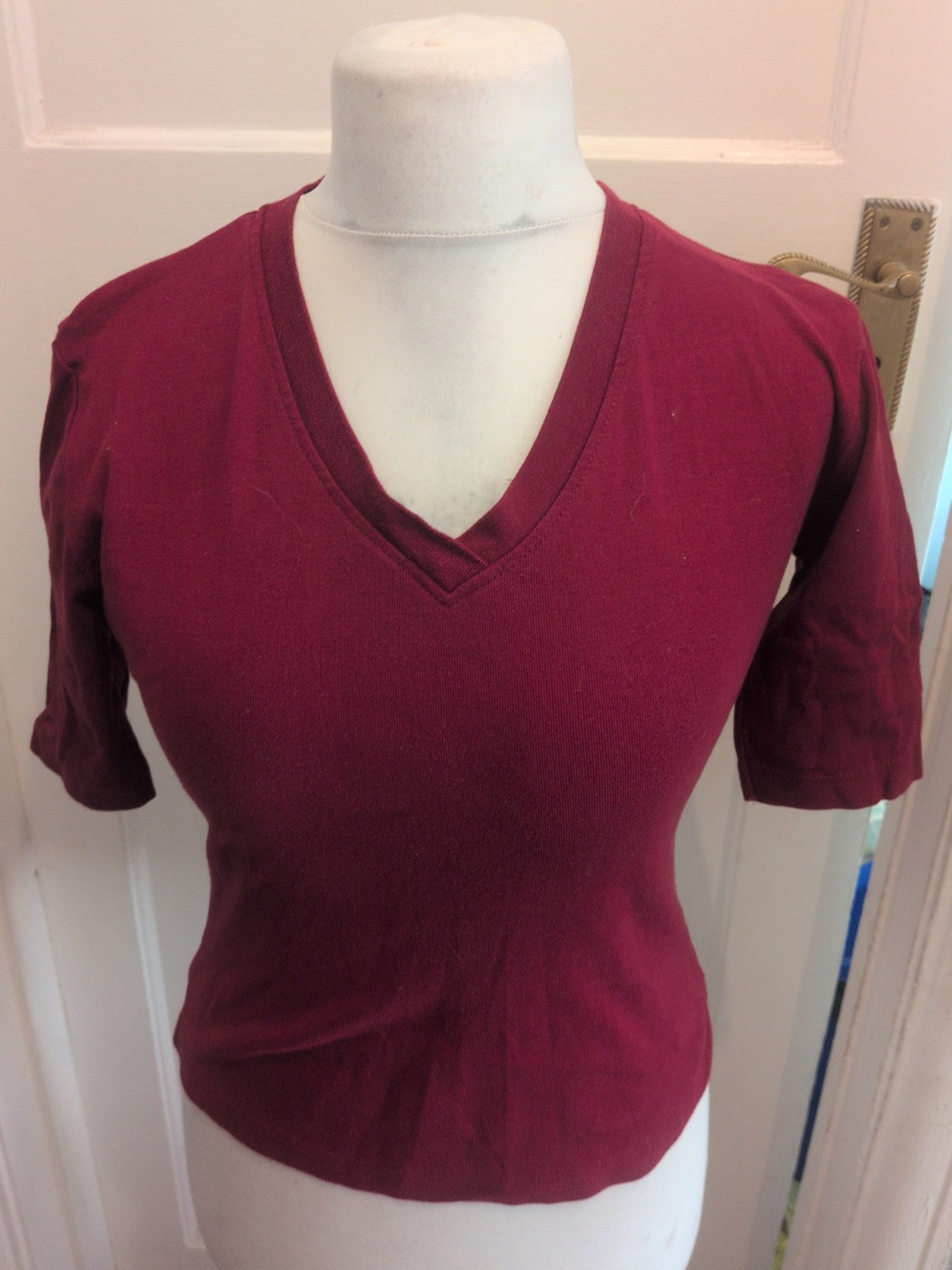 Medium Dark Red Short Sleeve T-shirt V Neck