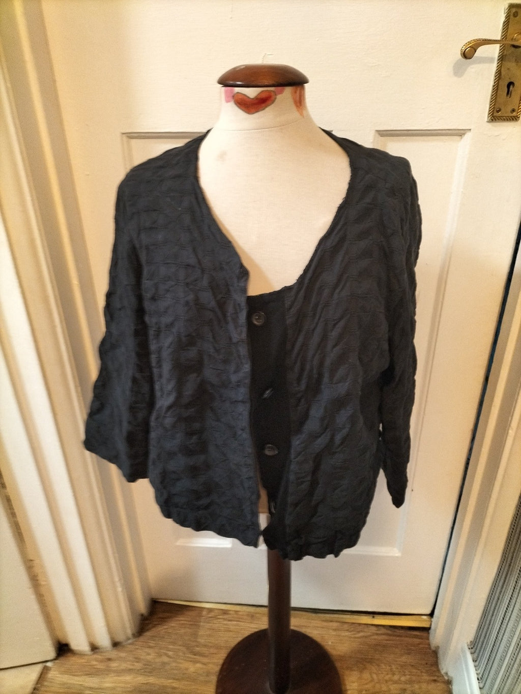 Ladies Size Large Navy Ruffled Buttoned Blouse