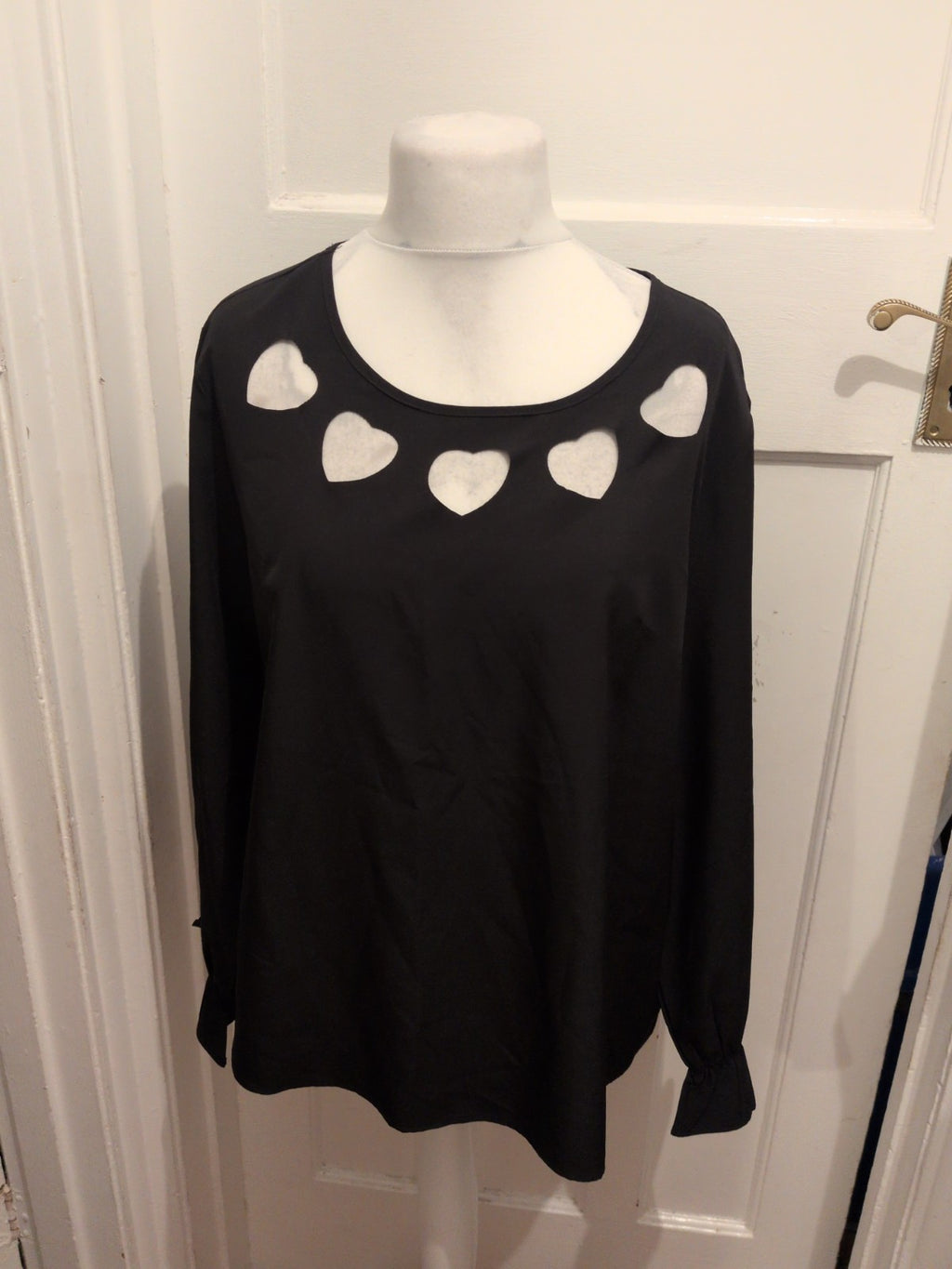 Shein Large Black Long Sleeve With Heart Neck Pattern Blouse