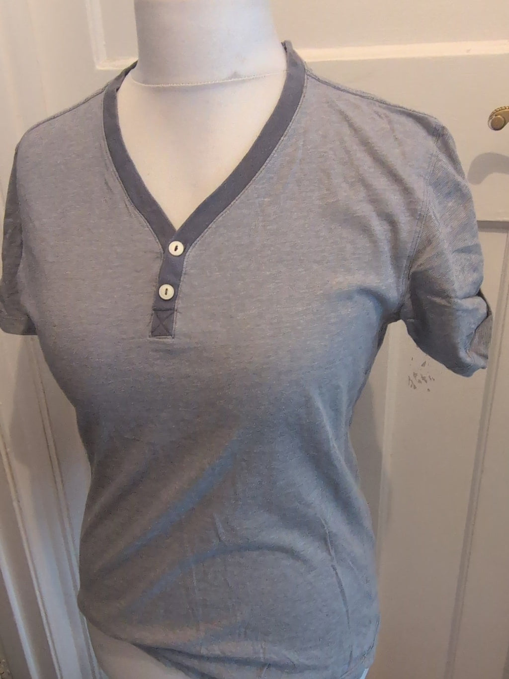 Next Medium Blue Stripe V Neck Laundered T-shirt