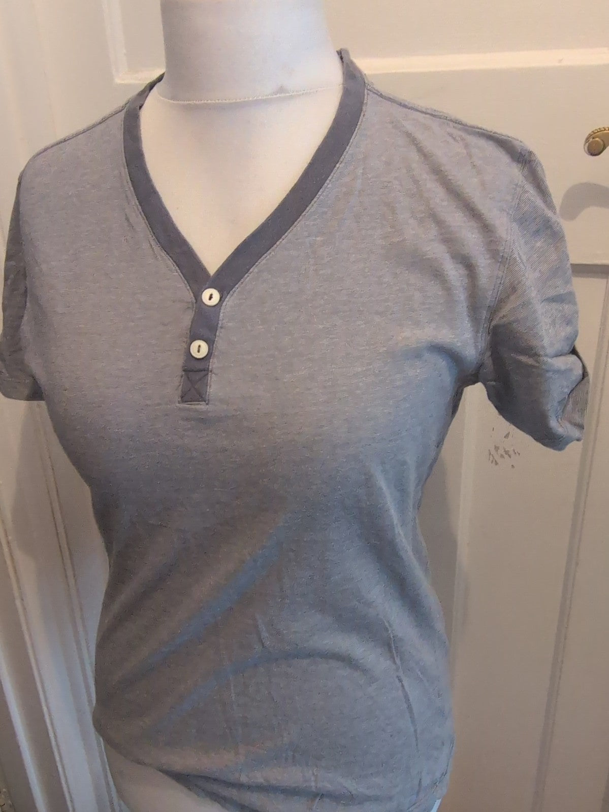 Next Medium Blue Stripe V Neck Laundered T-shirt