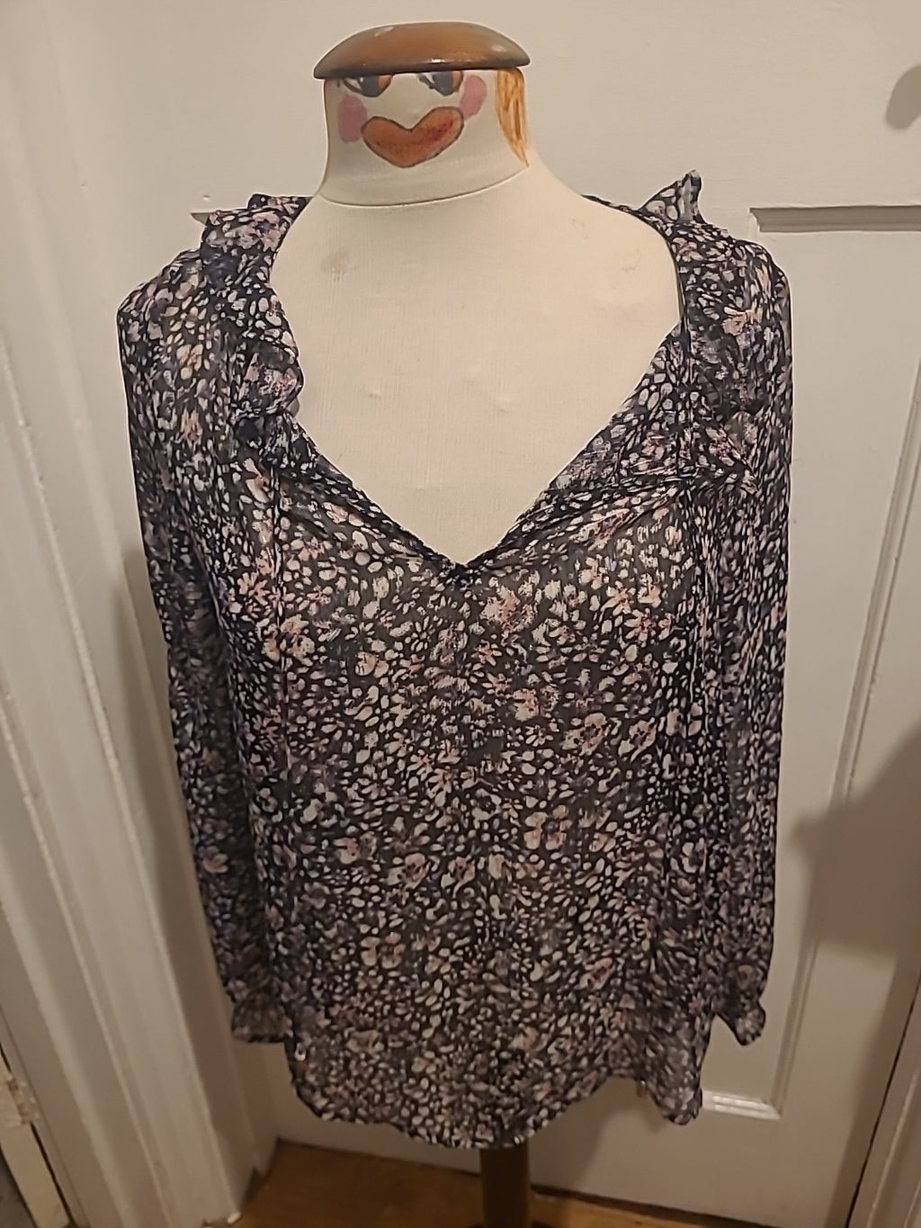 Ladies New Look Size 10 Black Floral Semi See Through Blouse