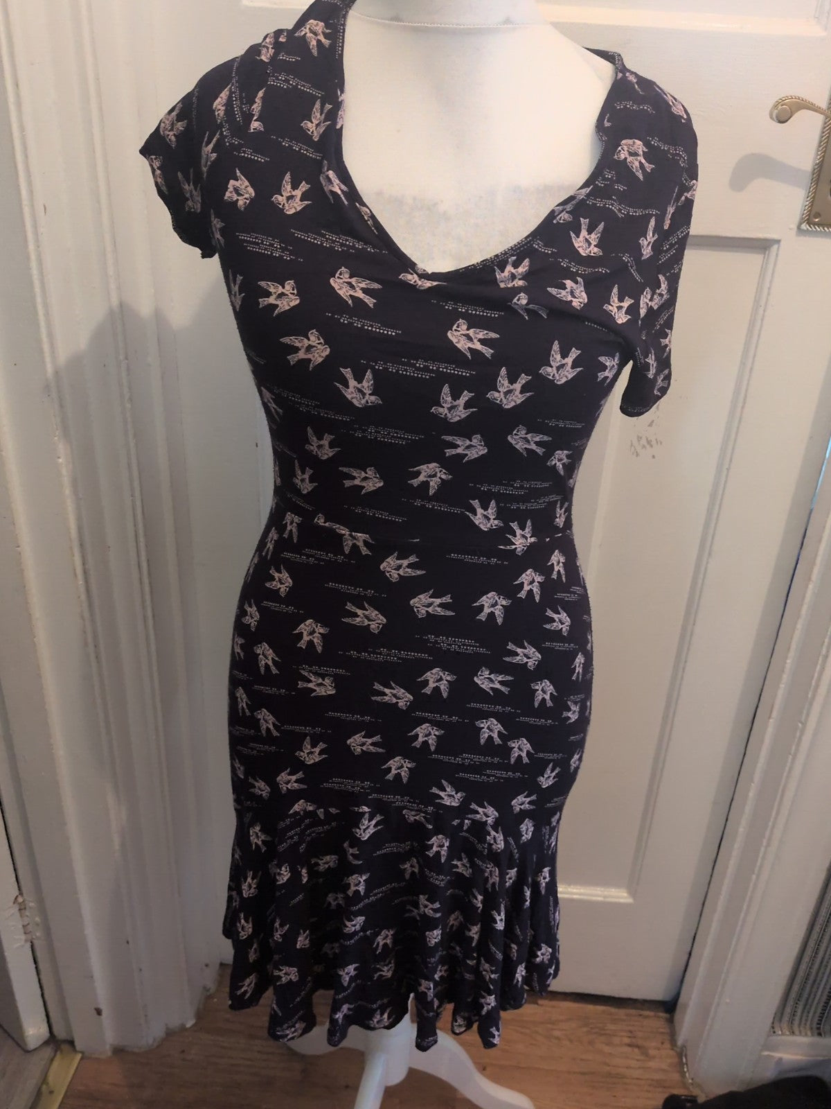 Next 12 Navy With Pink Birds Short Sleeve Dress