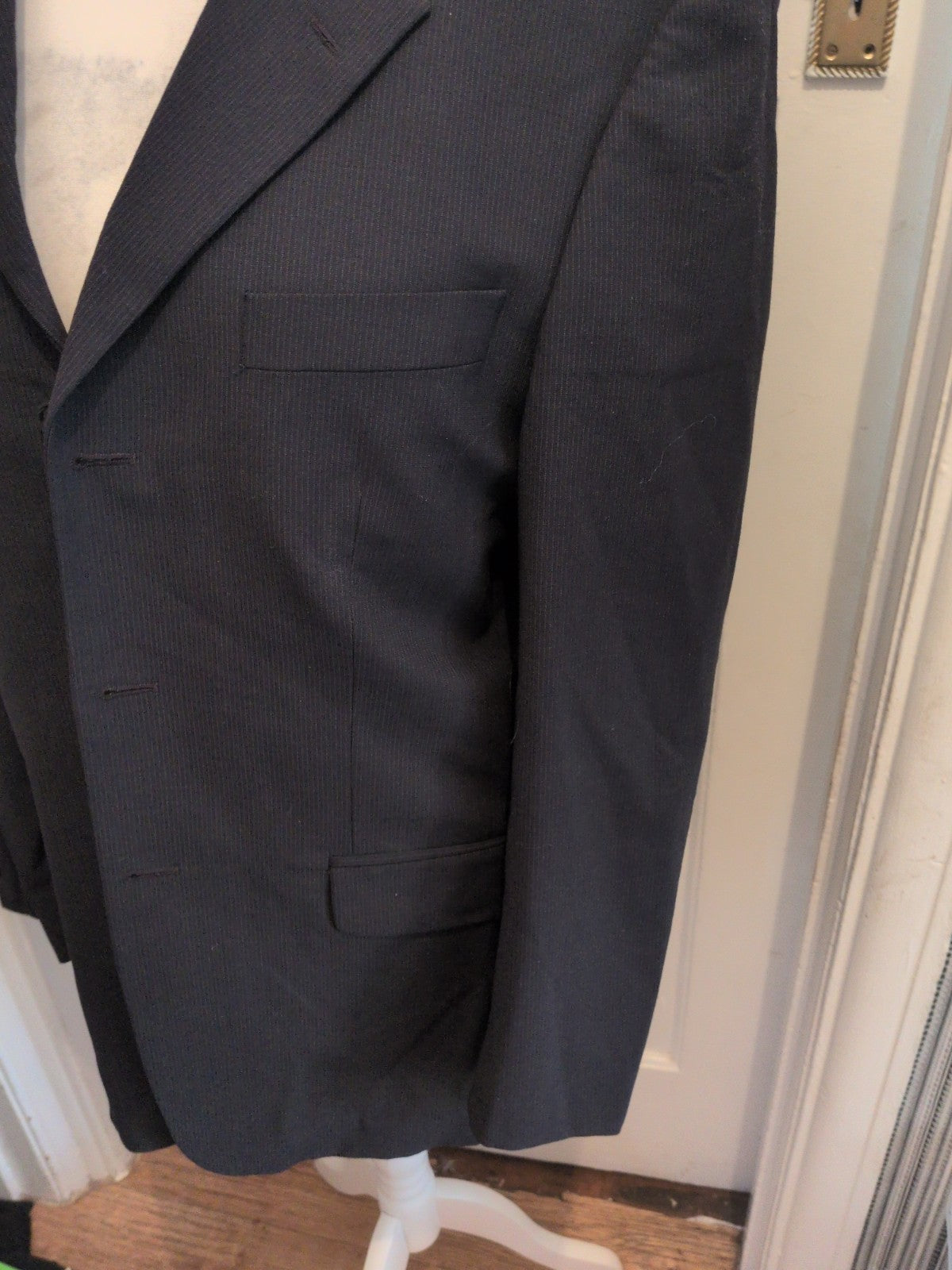 Karl Jackson 40R Wool With Lycra Pinstripe Black Suit Jacket
