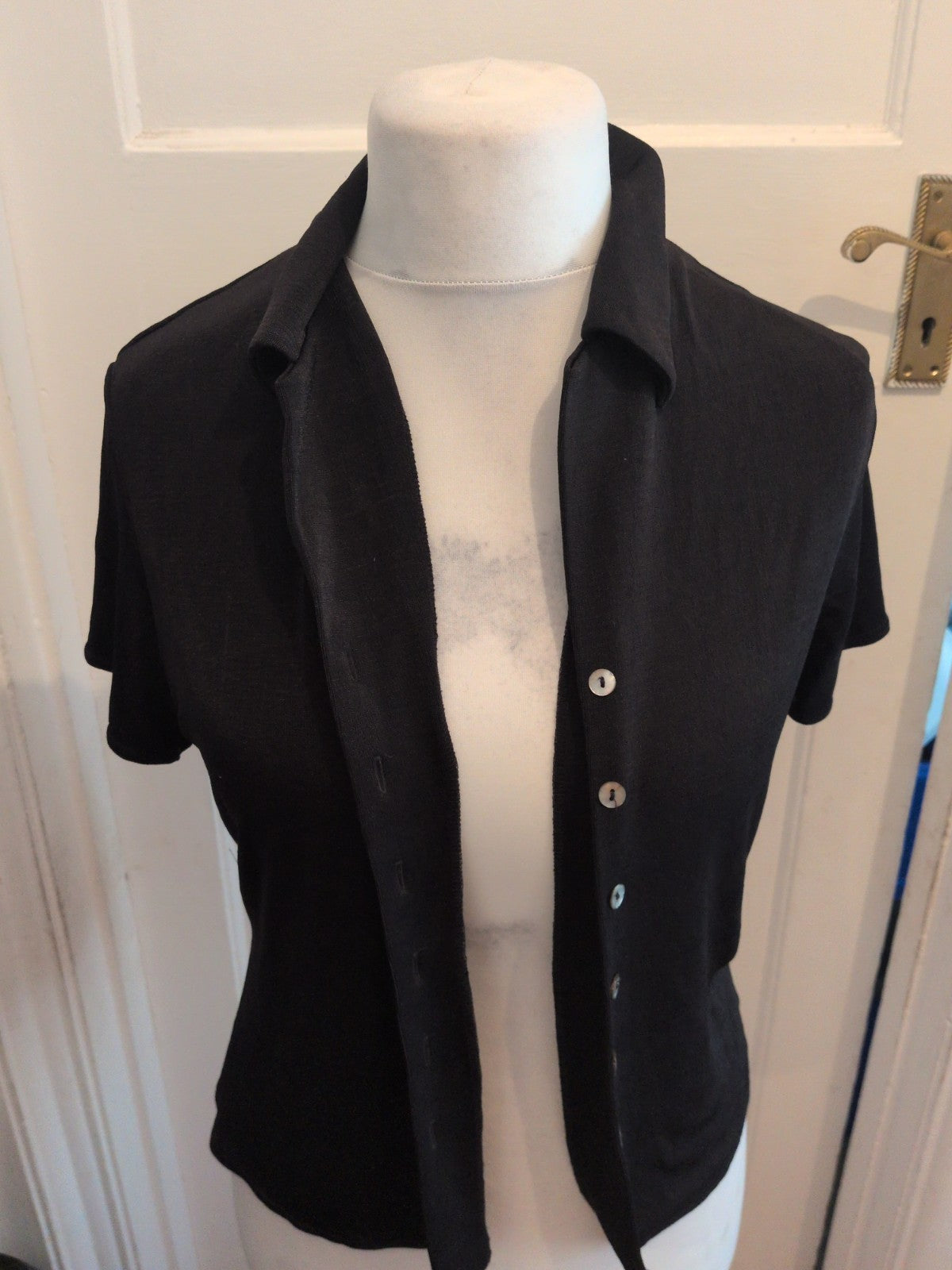 Ladies BHS Size 10 Black Buttoned Short Sleeve Collared Blouse