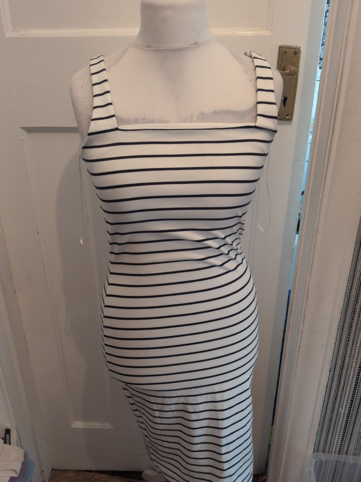 Primark 14 White With Navy Stripes Sleeveless Midi Dress