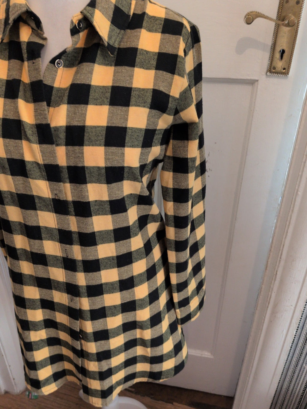 Large Yellow Check Long Sleeve Buttoned Shirt Dress