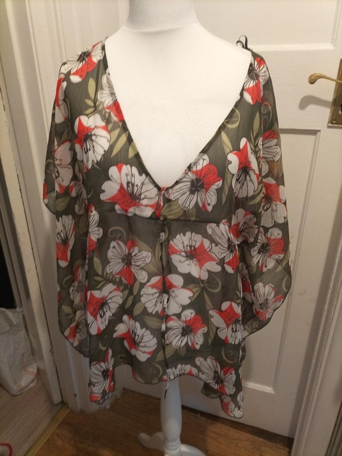 Ladies Debenhams Size XL Green And Pink Floral Semi See Through Blouse