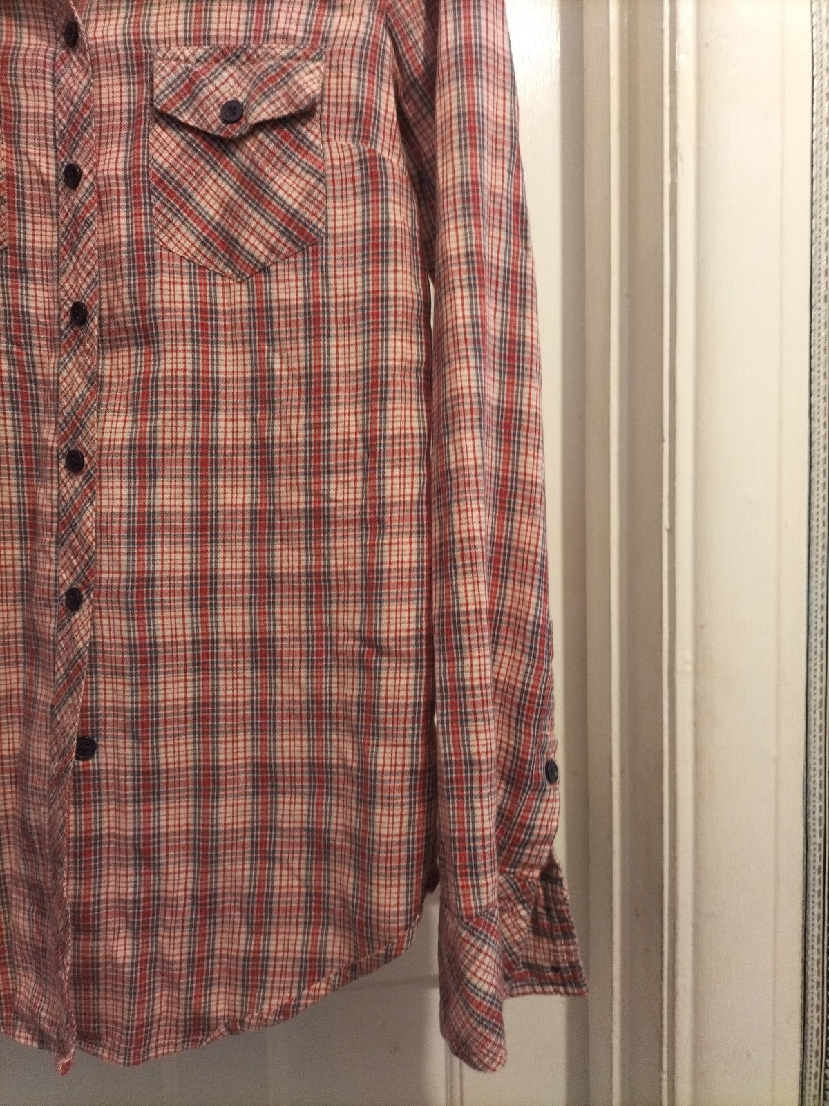 Ladies Topshop Size 8 Purple Red Check Long Sleeved Blouse