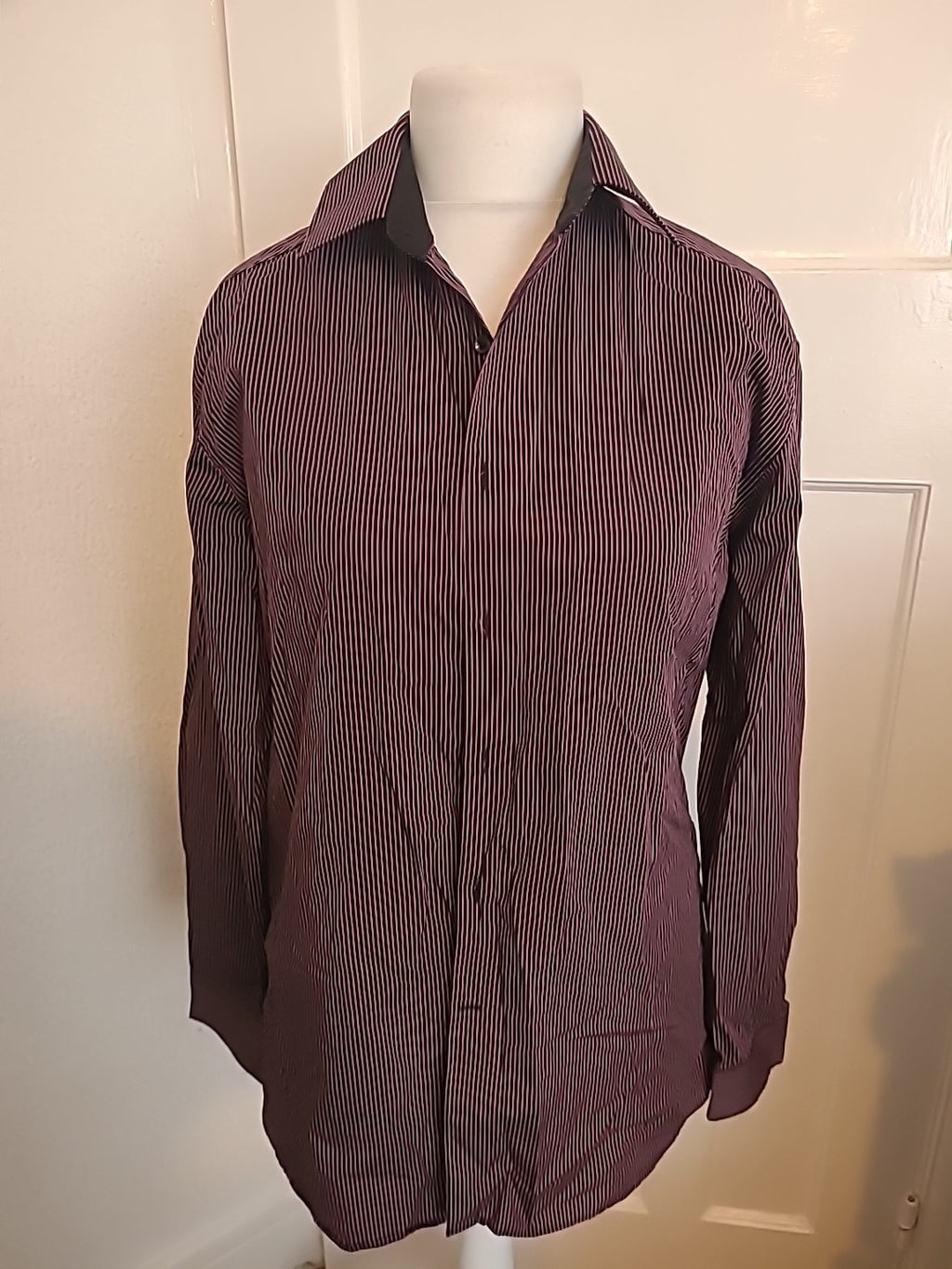 Mens Autograph Size 16 Purple And Black Striped Long Sleeved Shirt