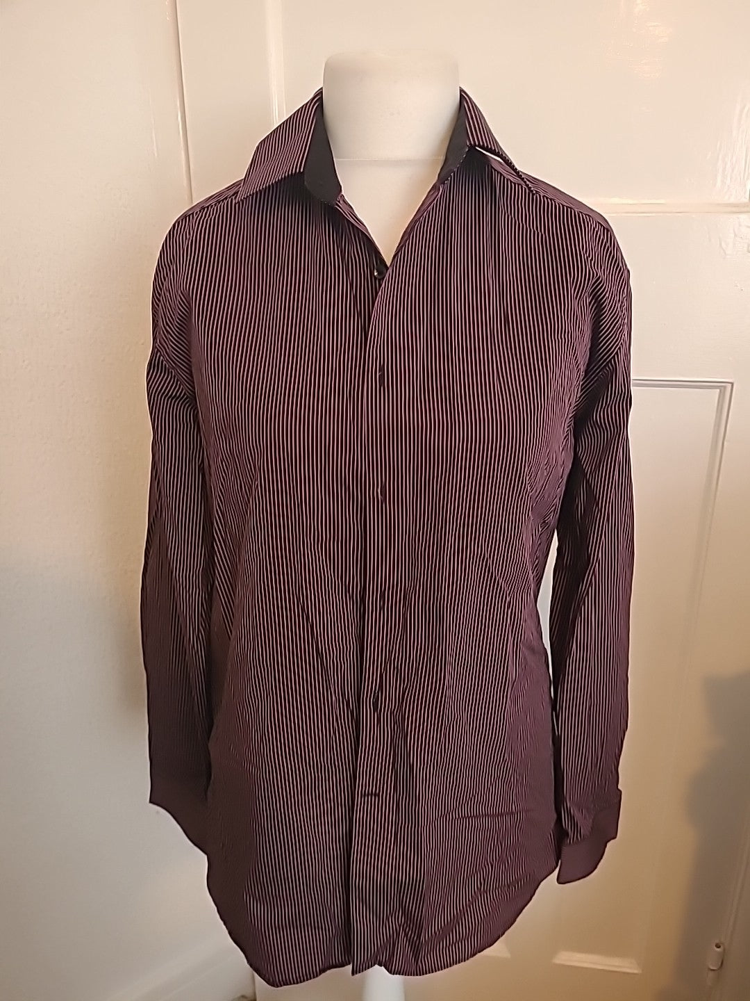 Mens Autograph Size 16 Purple And Black Striped Long Sleeved Shirt