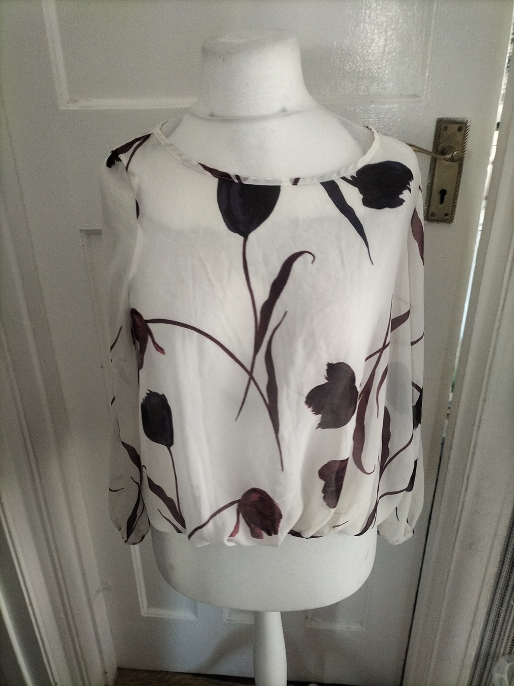 Ladies Next Size 10 Burgundy And White Long Sleeve Blouse Floral